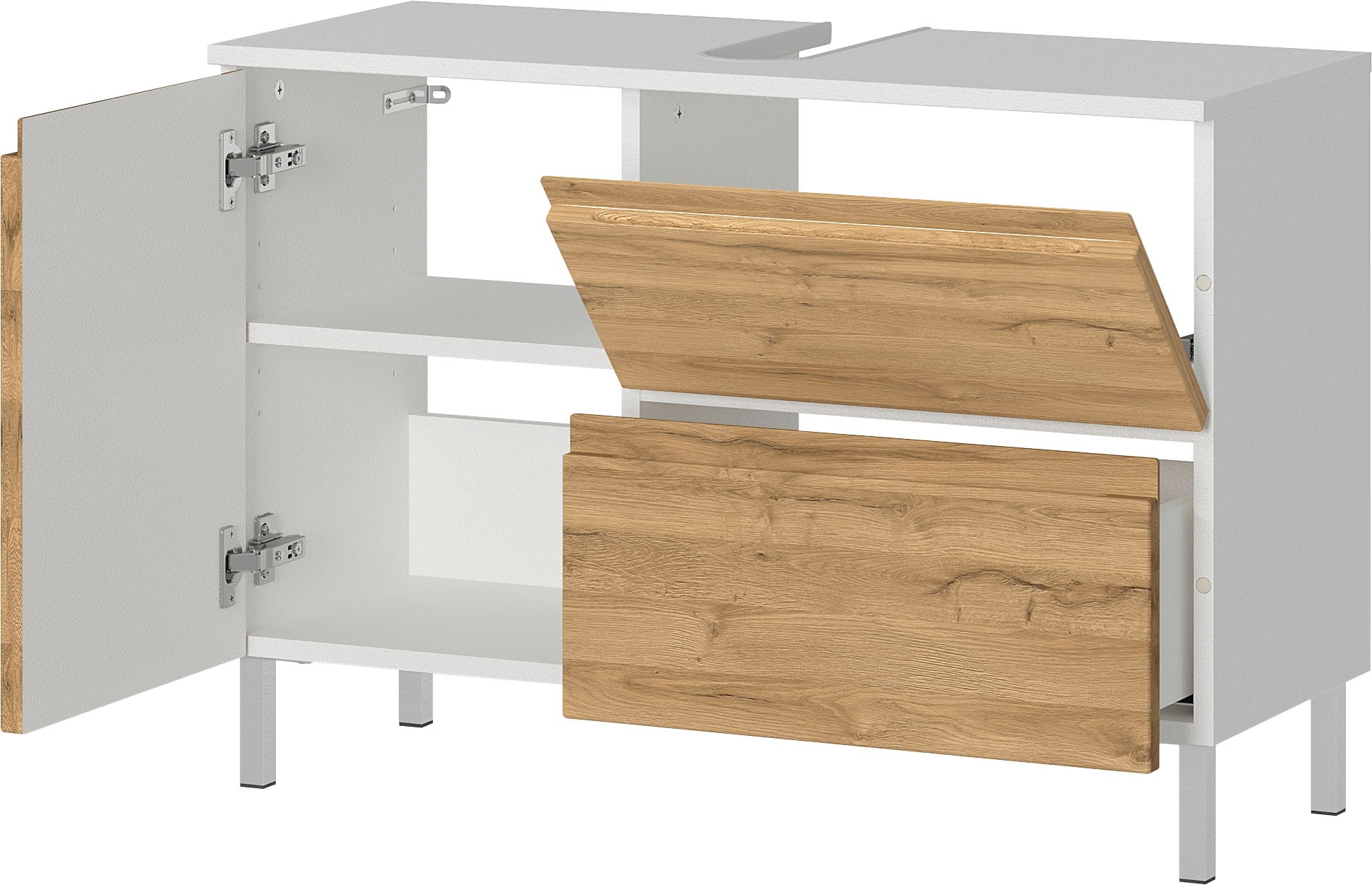 GERMANIA Badmöbel-Set »Torrance«, (5 St.), Unterschrank, Spiegel, Beleuchtung, Schrank, Kommode und Hochschrank