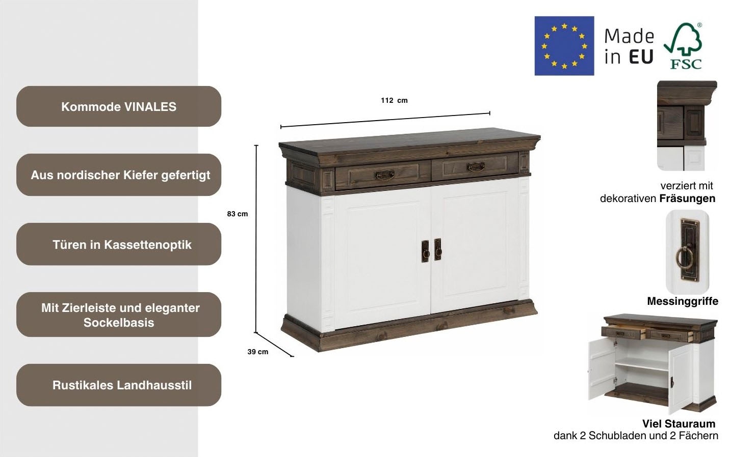 Home affaire Kommode »Vinales«, Breite 112 cm aus massiver Kiefer
