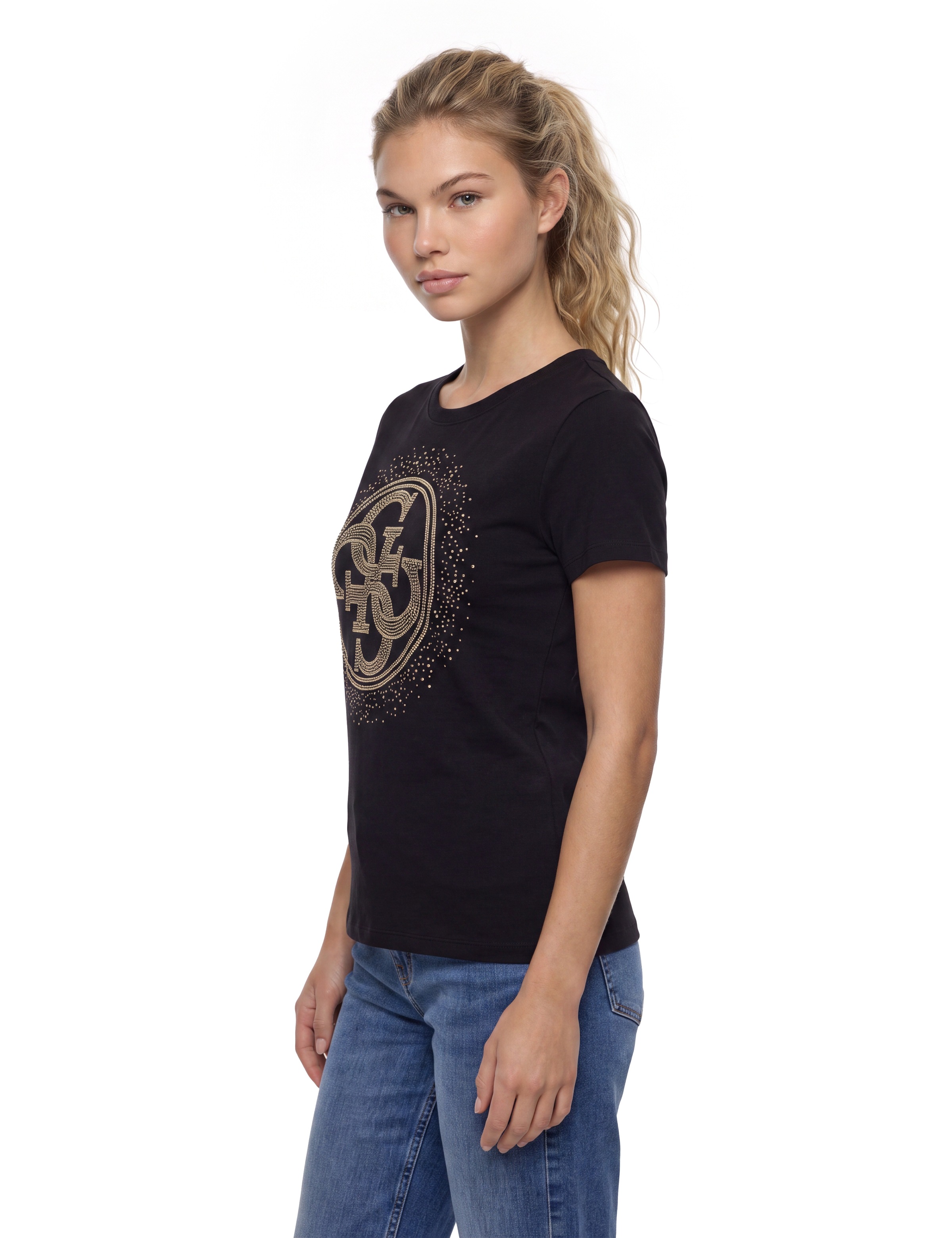 Guess T-Shirt »CN 4G ROUND CRYSTALS LOGO« mit markantem Logodesign, Regular Fit
