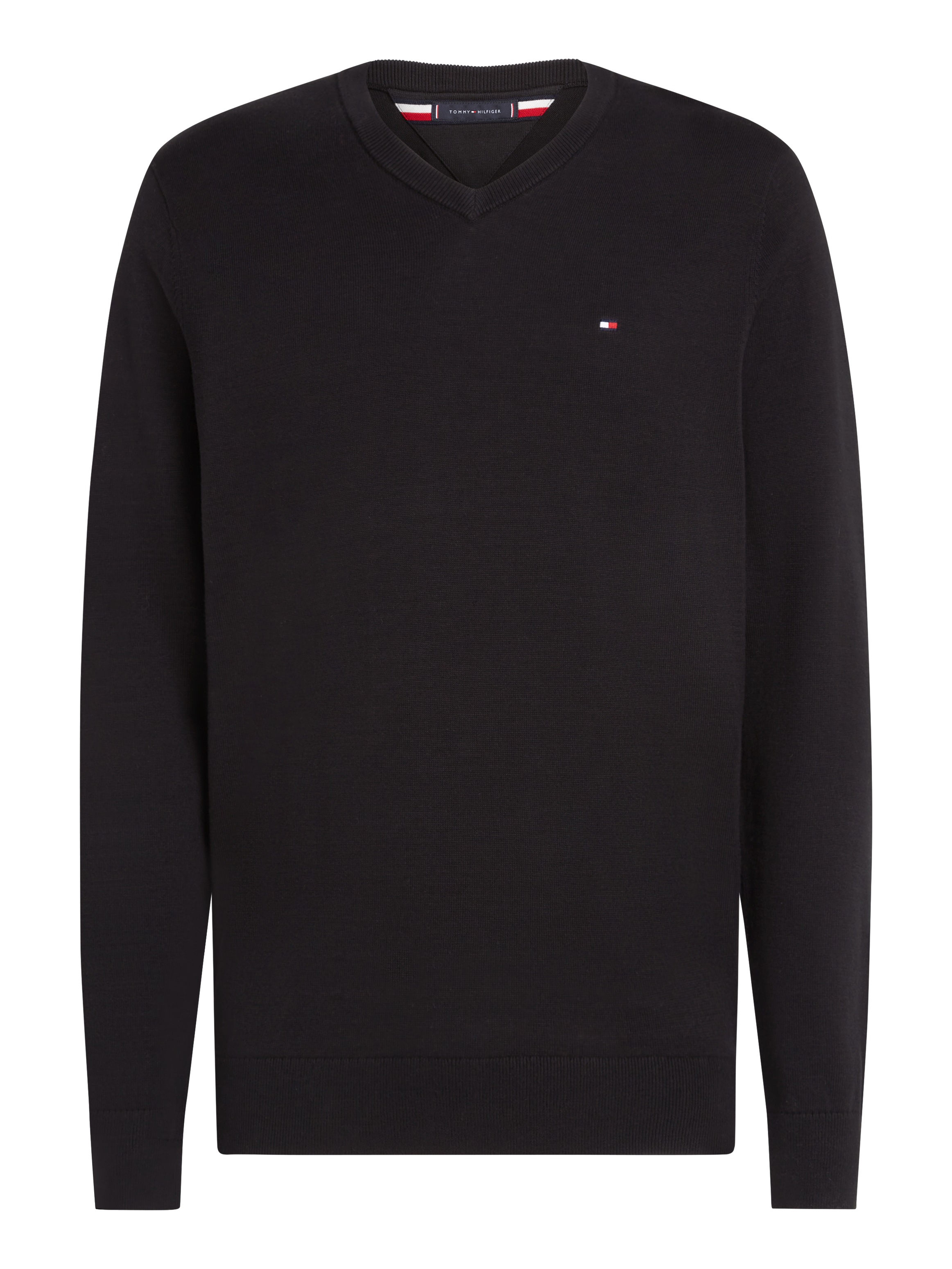 Tommy Hilfiger Strickpullover »ESSENTIAL COTTON V NECK mit V-Ausschnitt und Stickerei«, unifarben, casual, regular fit, Baumwolle, V-Ausschnitt