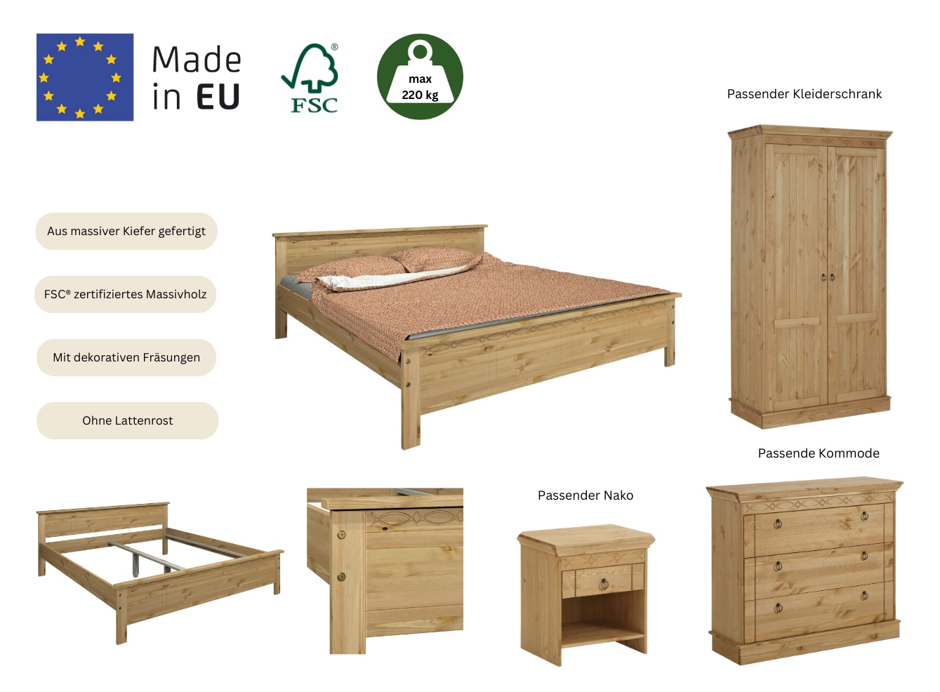 Home affaire Massivholzbett »Indra, TOPSELLER, Landhausstil, edles Design,zertifiziertes Massivholz«, (Breite/Belastbarkeit 180cm/220 KG, 140cm/180 KG, 90cm/120 KG), mit dekorativen Fräsungen, in 2 Breiten und Farben