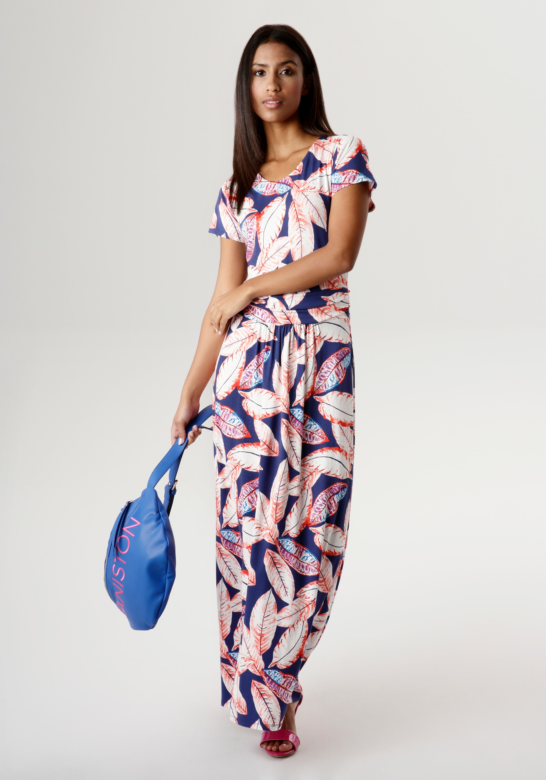 Aniston SELECTED Sommerkleid, mit großem Taille Blätterdruck KOLLEKTION und geraffter - bestellen NEUE online