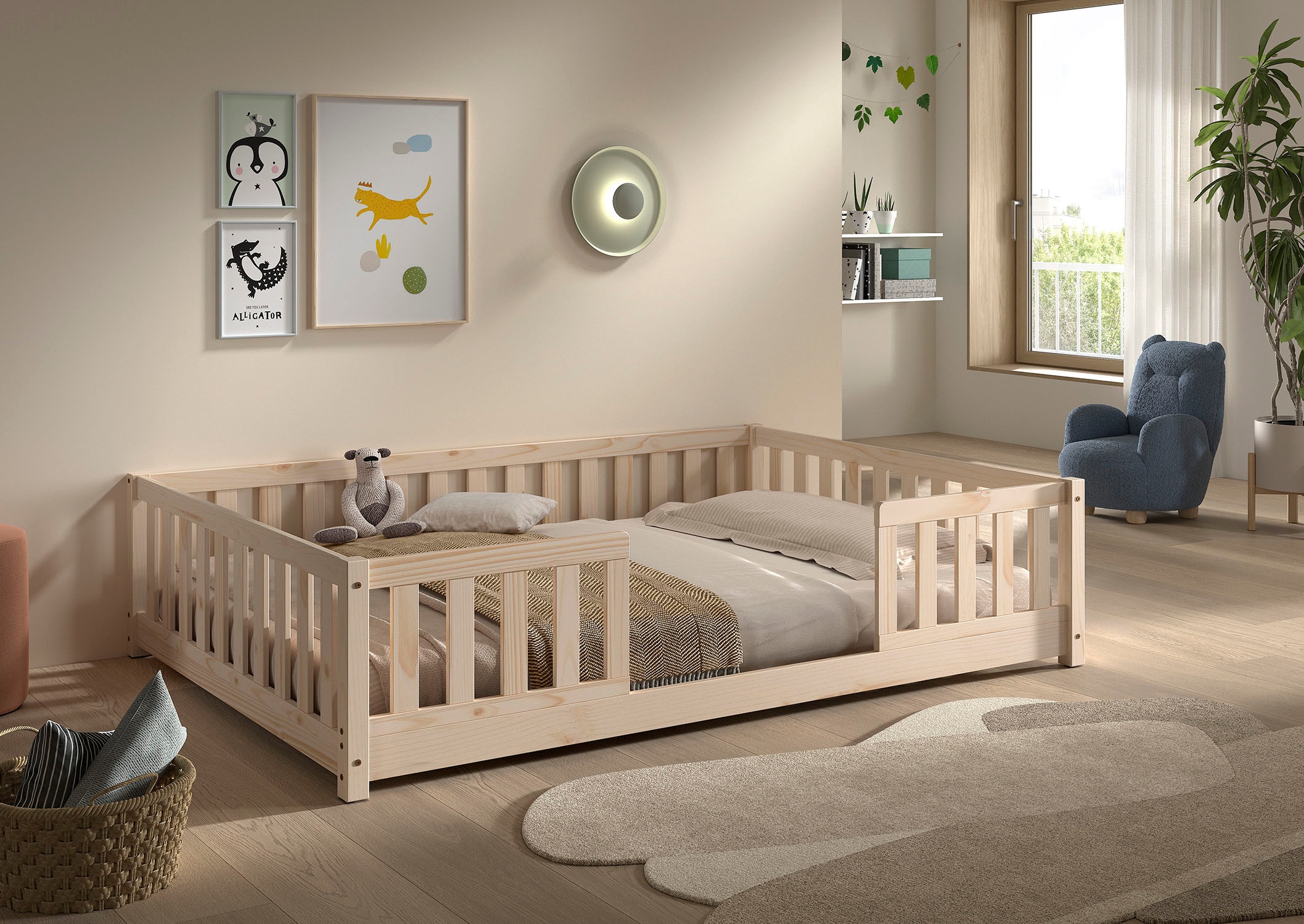 Vipack Kinderbett »Dallas, massiv Bett, Rausfallschutz, umbaubar vom Boden- zum Daybett« inkl. Rolllattenrost und Sprossenumrandung, 90 oder 140x200 cm breit,  stabil und standfest gebaut, wahlweise Kiefer massiv natur oder weiß