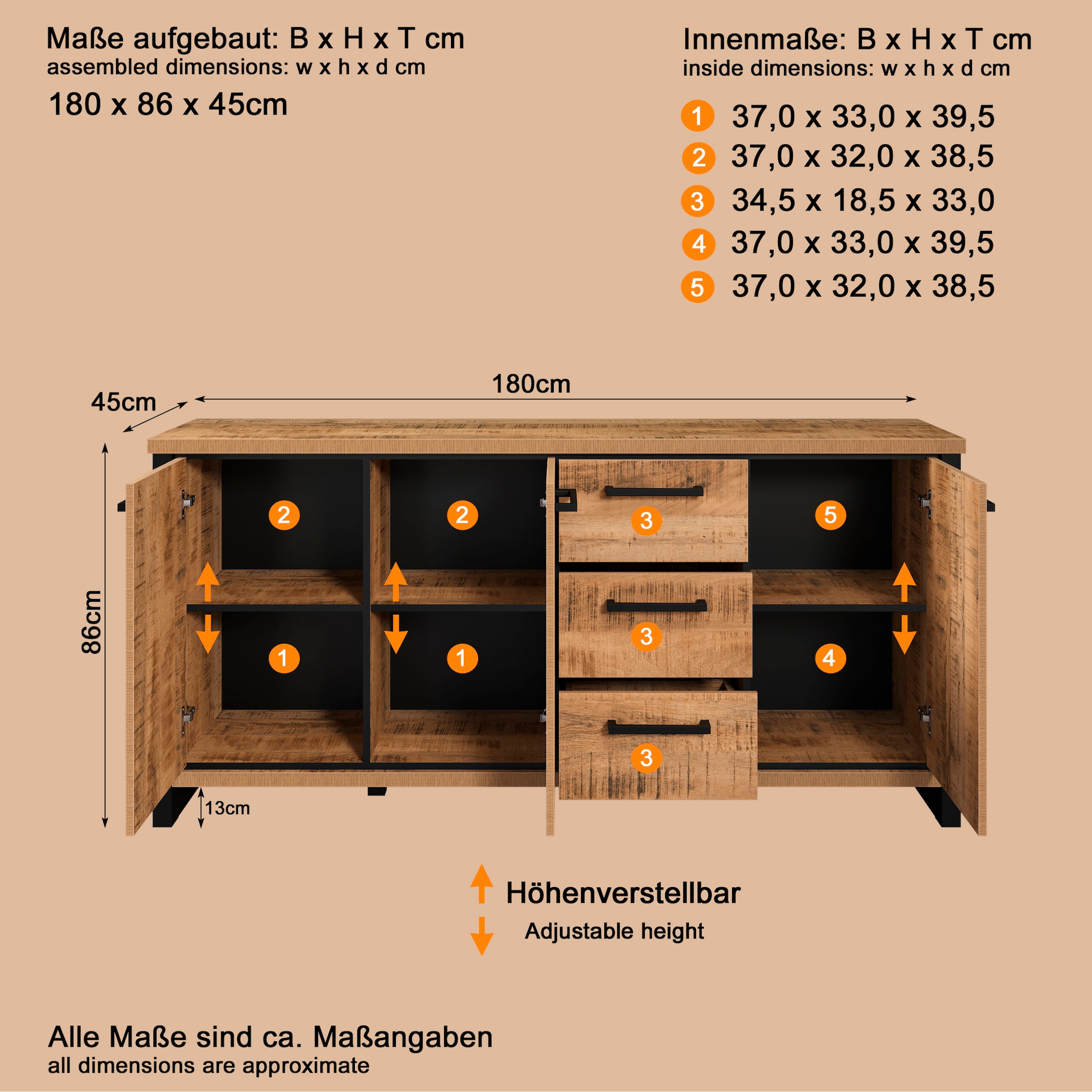 Home affaire Sideboard »Elda« 1 Stk. tlg. Sideboard mit 3 Türen & 3 Vollauszug Schubladen – (B/T/H) 180/45/86 cm