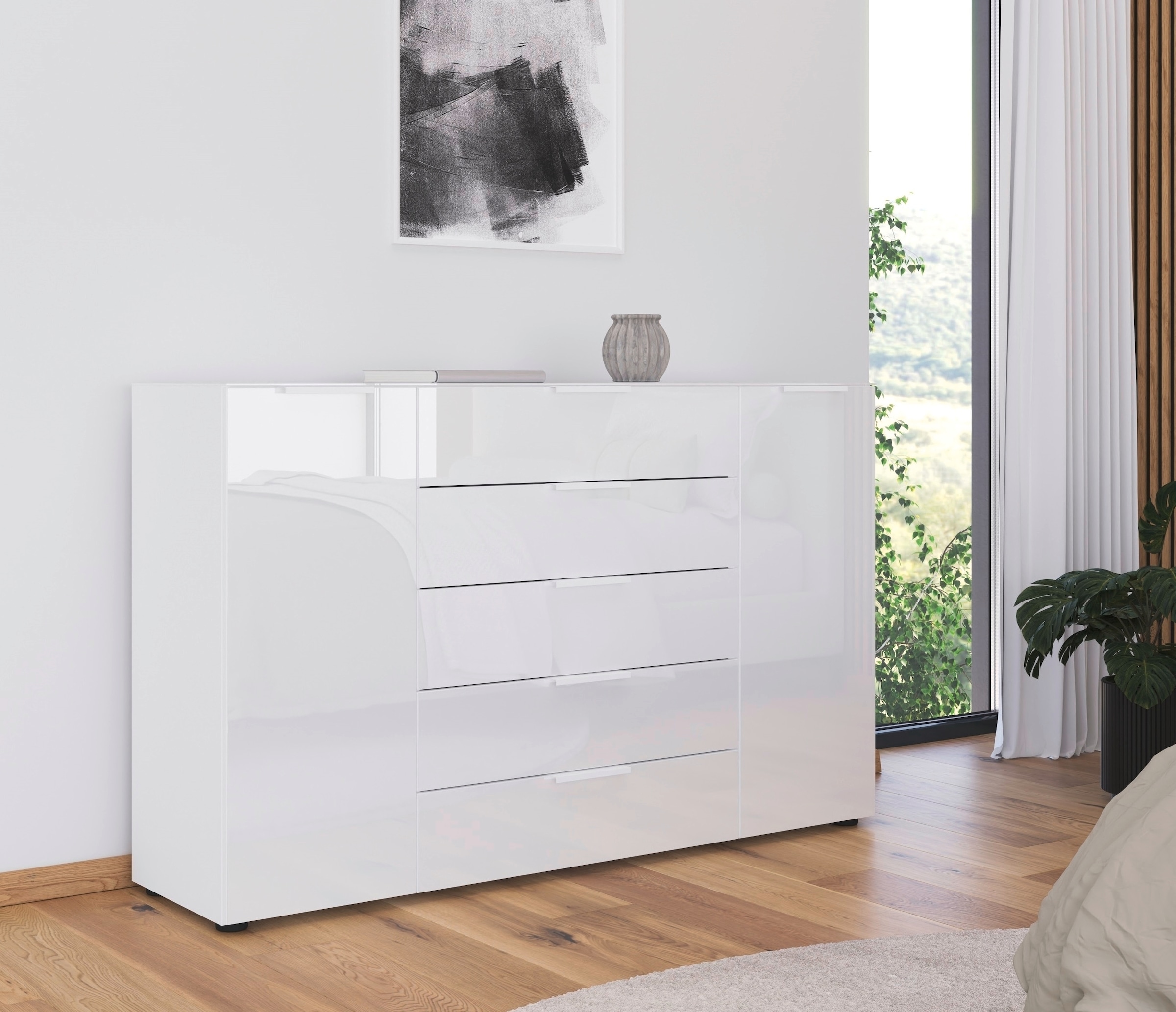 rauch Schubkastenkommode »Kommode Türkommode Sideboard Kombikommode FLIPP mit Glasfront«, (Breite 160/180 cm mit 4 Einlegeböden), 2-türig, 5 Schubladen, Soft-Close, Oberboden und Front Glas, 2 Breiten