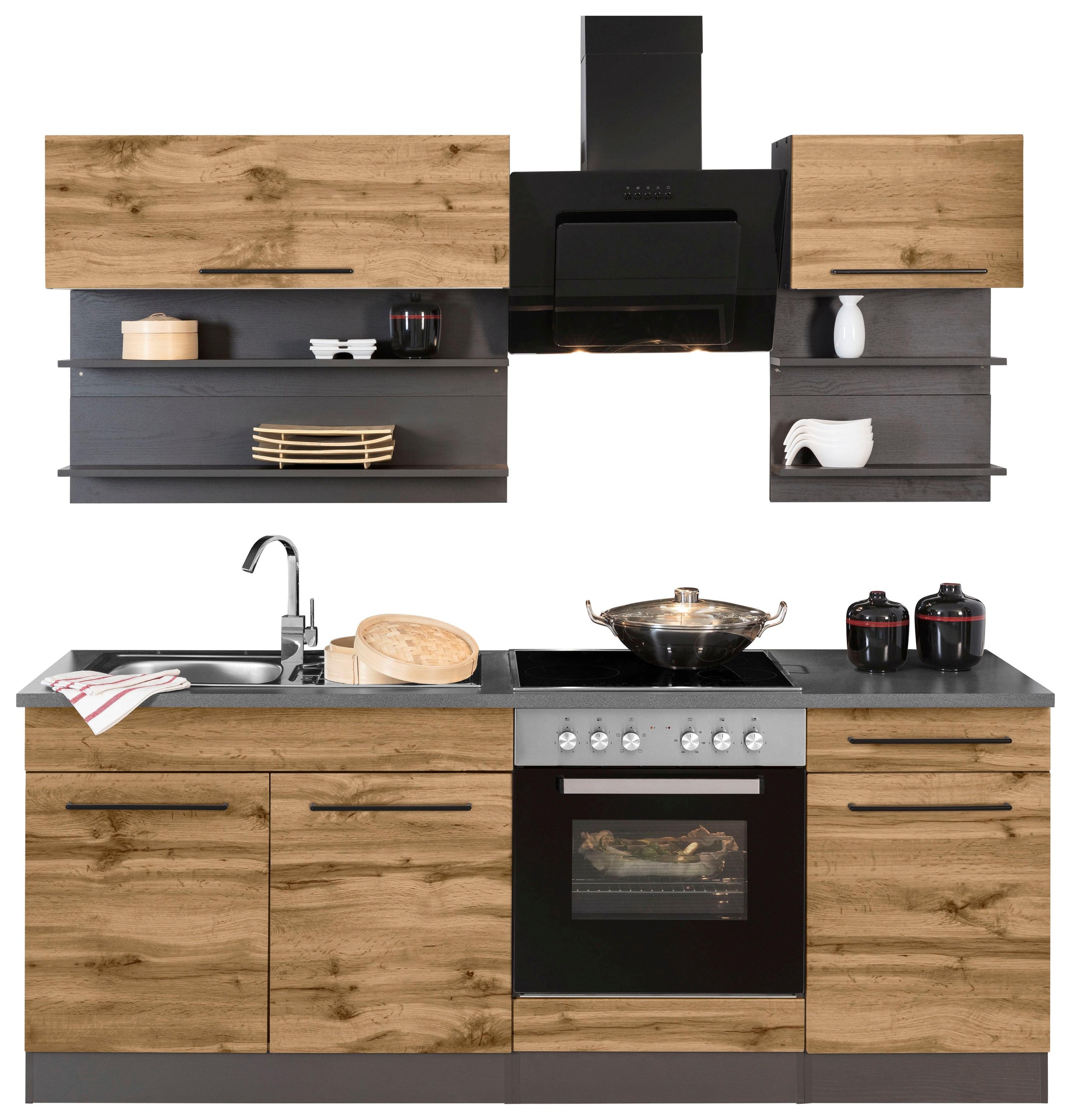 KOCHSTATION Küchenzeile »KS-Tulsa«, Breite 210 cm, schwarze Metallgriffe, hochwertige MDF Fronten