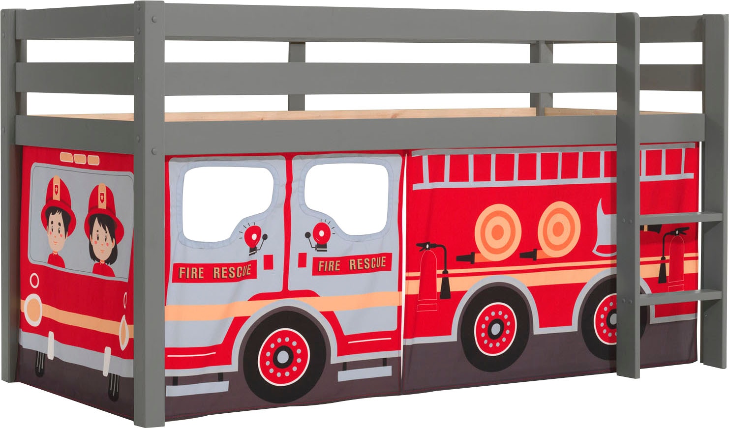 VIPACK Spielbett »Pino, Kiefer massiv, mit Rolllattenrost u. Textil-Set, Made in Europe« B/H/T ca. 210x114x106cm, mit Leiter und Absturzschutz,...