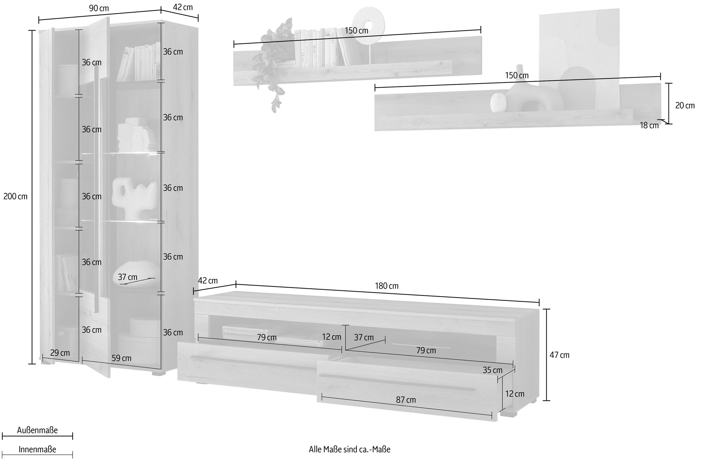 INOSIGN Wohnwand »Cantara, moderne Anbauwand, Wohnzimmer-Set, in Eiche Evoke oder Weiß«, (Set), enthält eine Vitrine, ein Lowboard und zwei Wandboards