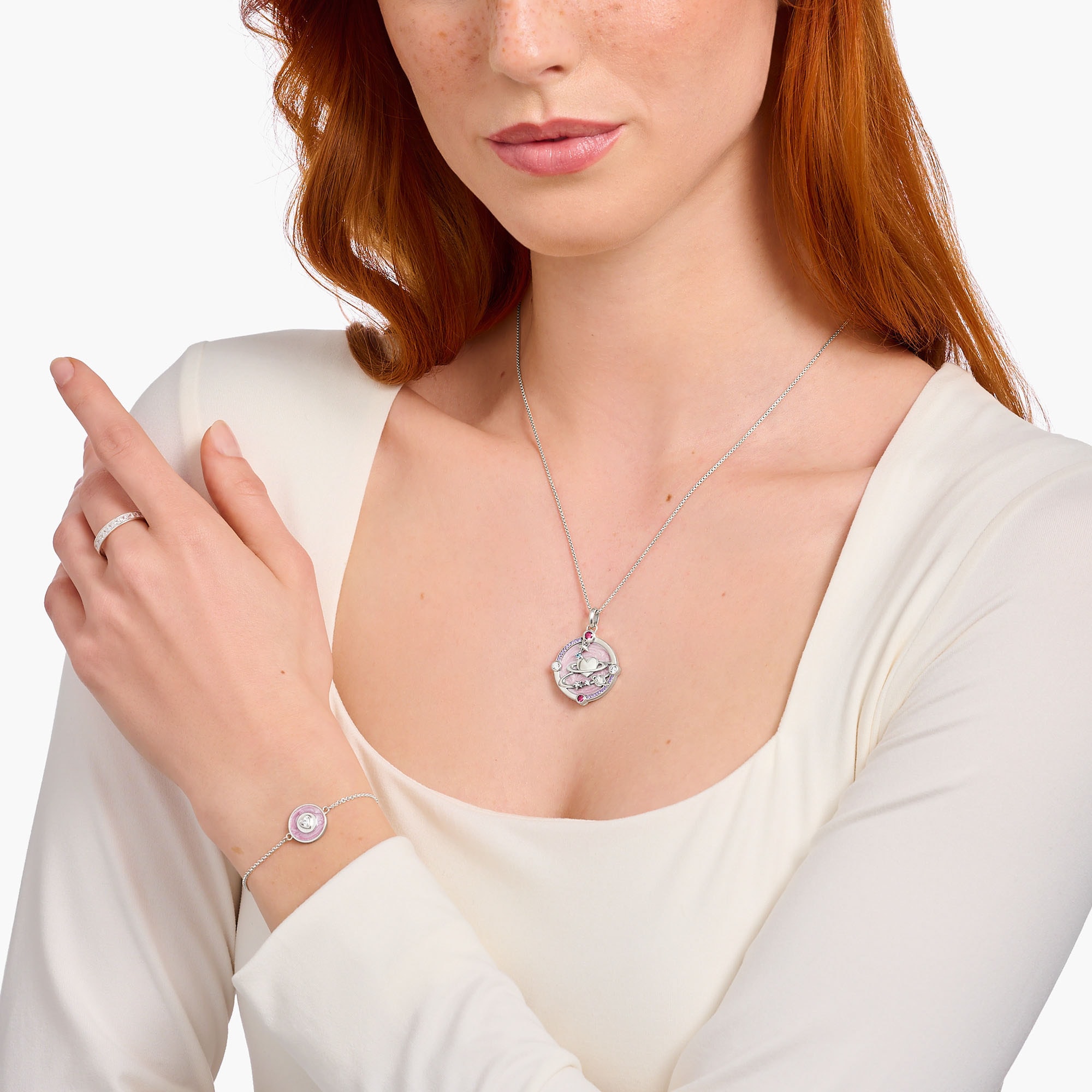 THOMAS SABO Kettenanhänger »rosa mit Herzplaneten und Steinen, PE959-340-9«, mit Glas-Keramik Stein, Korund (synth.), Zirkonia (synth.)