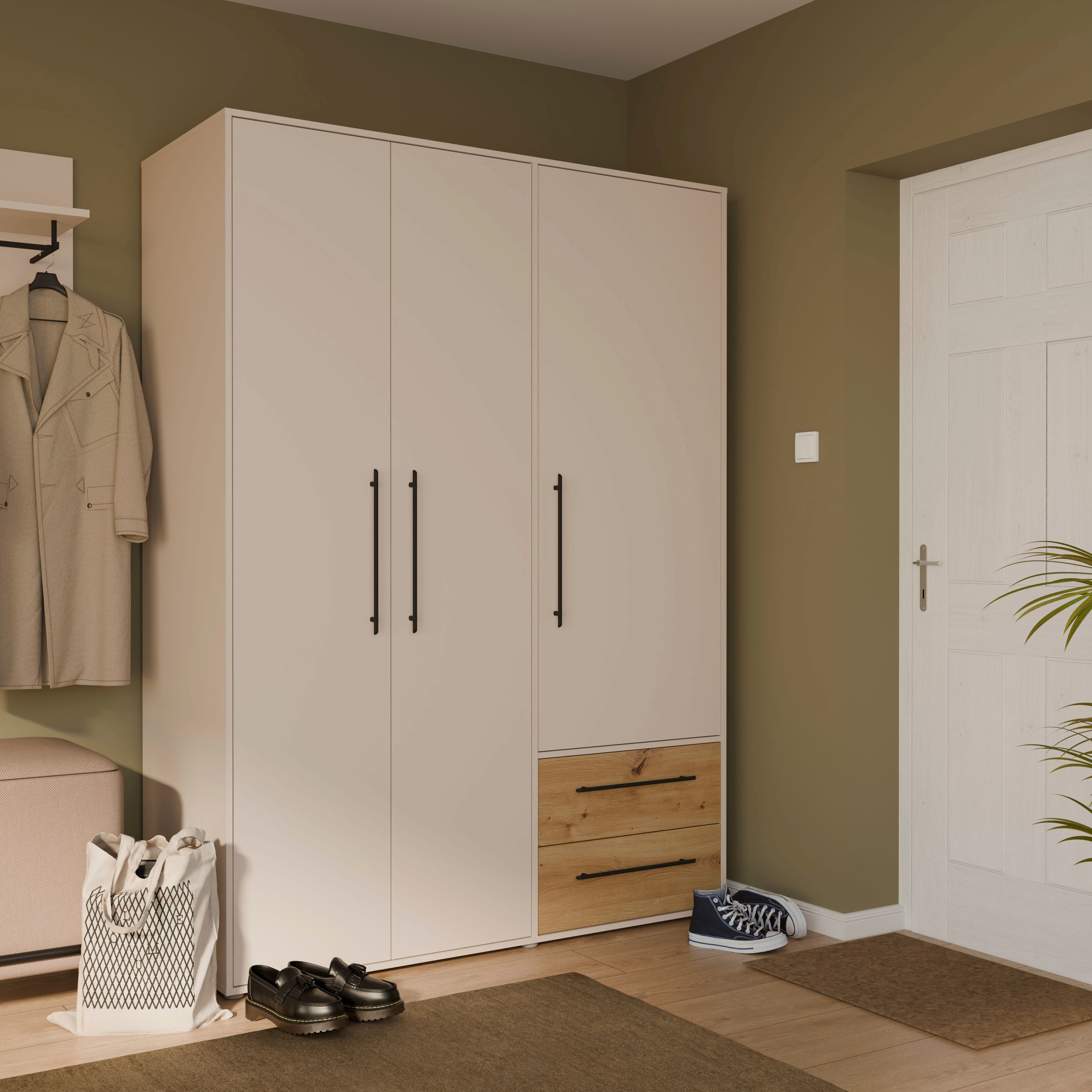 FORTE Drehtürenschrank »Mokkaris, OTTOs Choice, TOPSELLER! 3 Türen, zeitloses Design«, (BHT ca. 145x200x59cm), Schubladen + schwarze Stangengriffe, Made in Europe, viel Stauraum