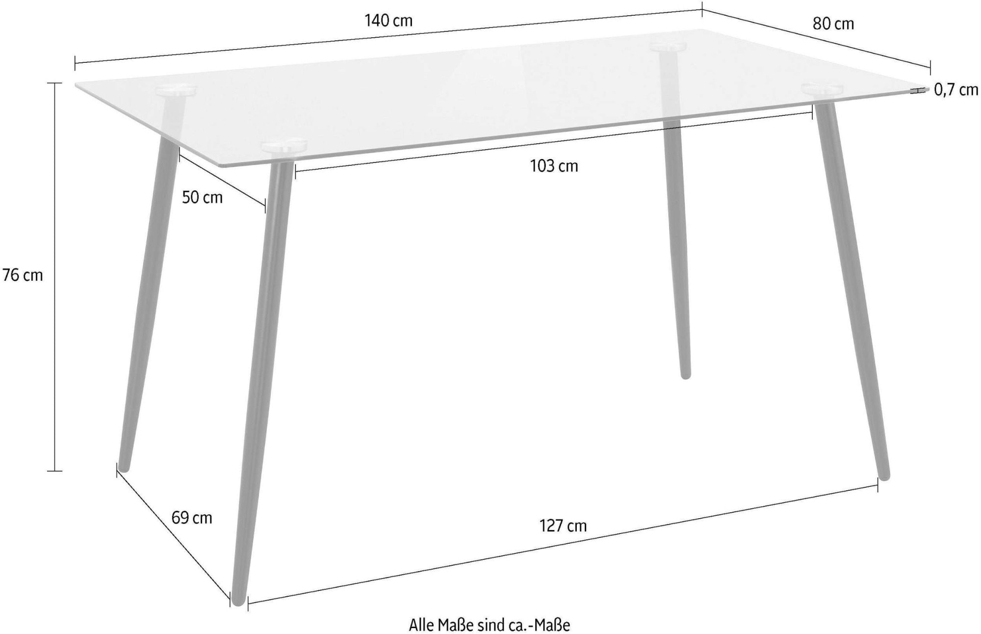 INOSIGN Essgruppe »Danny-Malio«, (Set, 5 tlg., Set 140 cm), Glastisch 140x80 cm mit 4 Stühlen (Veloursstoff), Gestell aus Metall