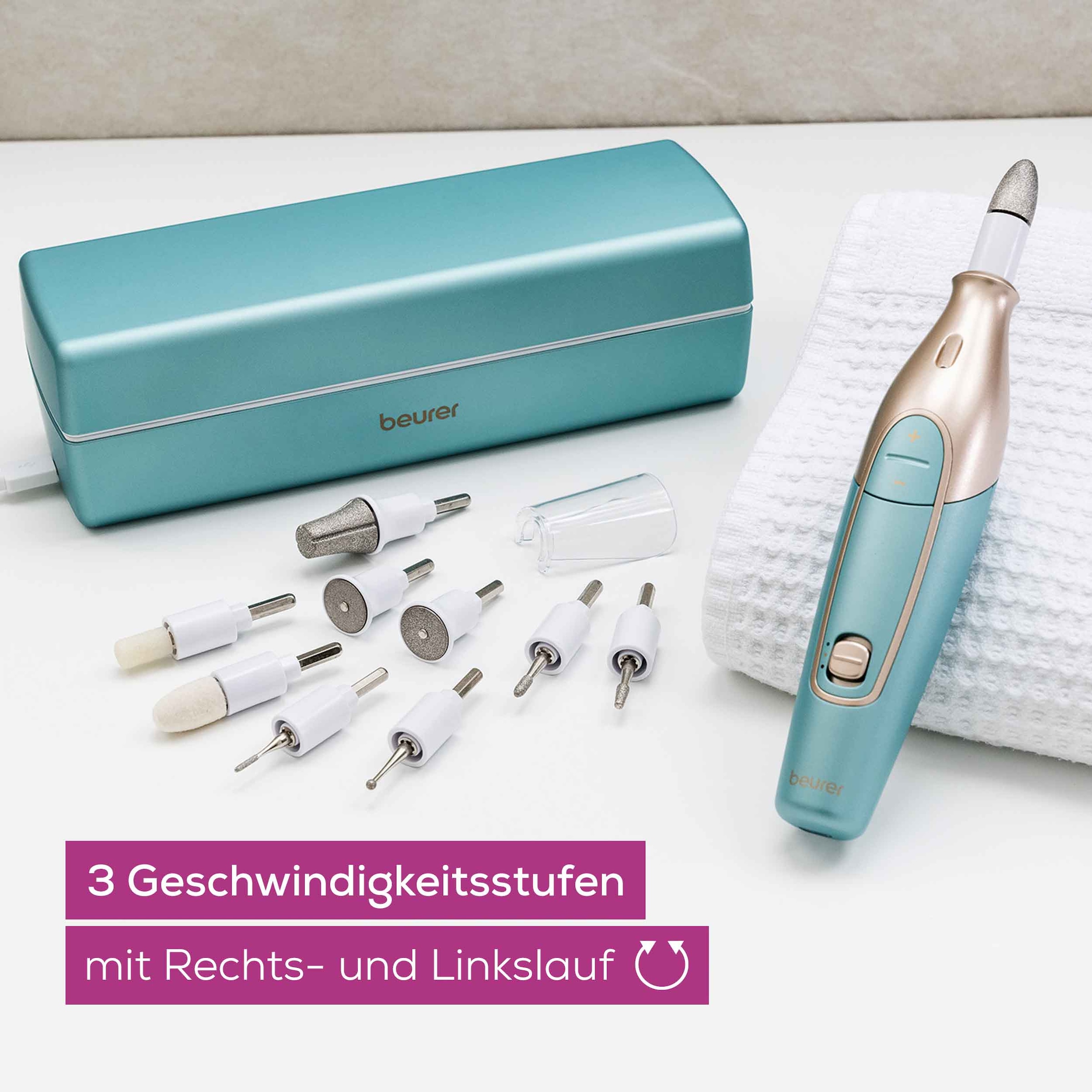 BEURER Maniküre-Pediküre-Set »MP 84 elektrische Nagelfeile, kabellos mit Lade- und Aufbewahrungsetui«, Mit 10 Aufsätzen, LED-Licht, Abschaltautomatik und Ladekontrollanzeige