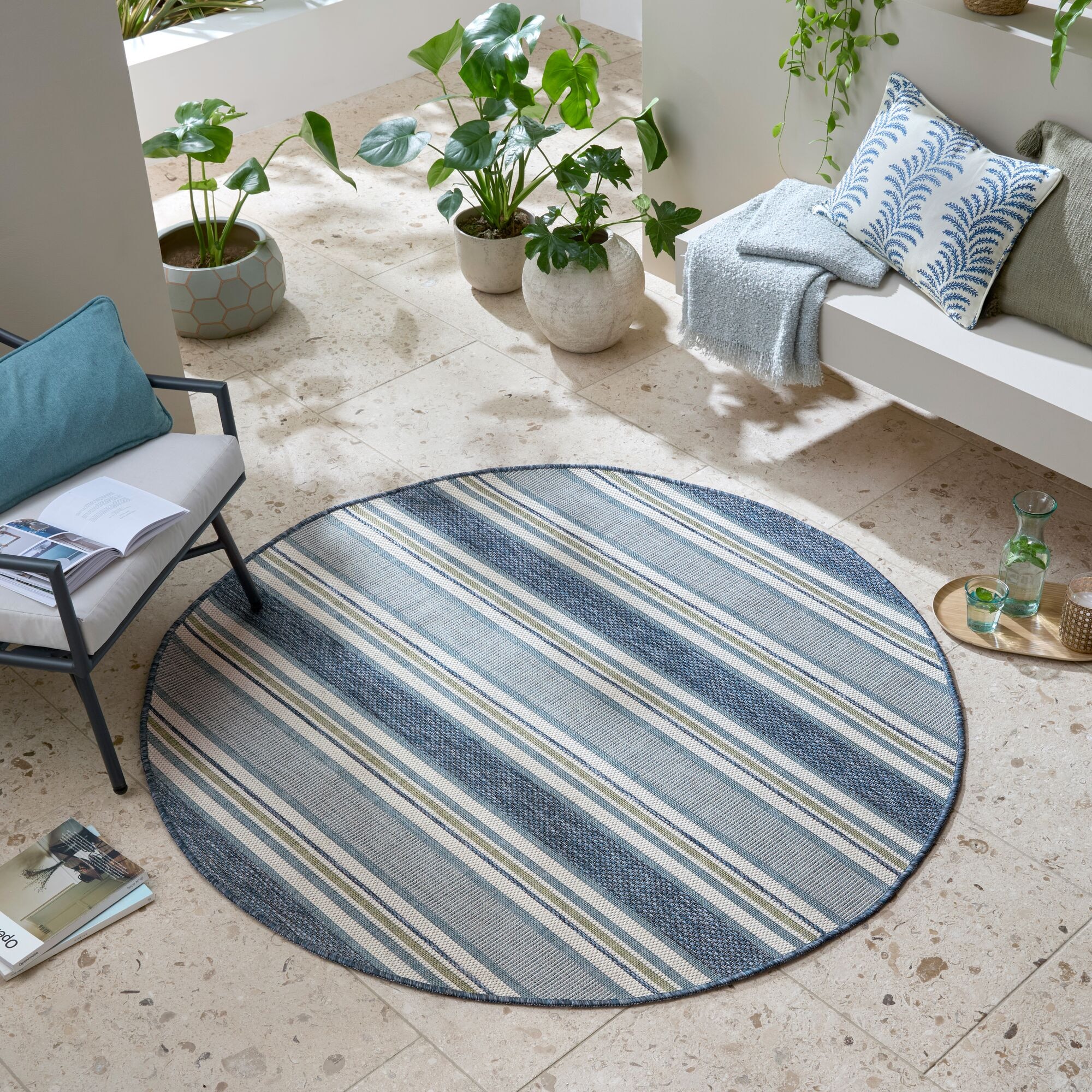 FLAIR RUGS Teppich »Roma Stripe«, rund, 4 mm Höhe, Roma Stripe Indoor Outdo günstig online kaufen