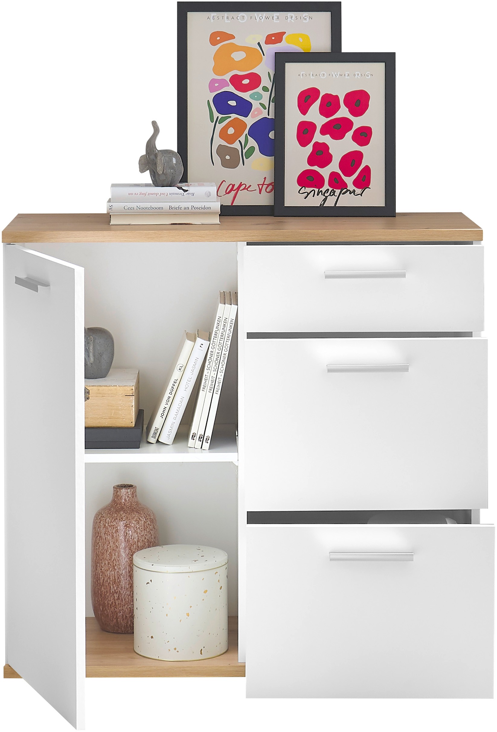 HBZ Kommode »BC1035 weiß matt, BxHxT 95x86x38 cm«, Kommode mit 1 Tür, 3 Schubkästen, 1 Einlegeboden