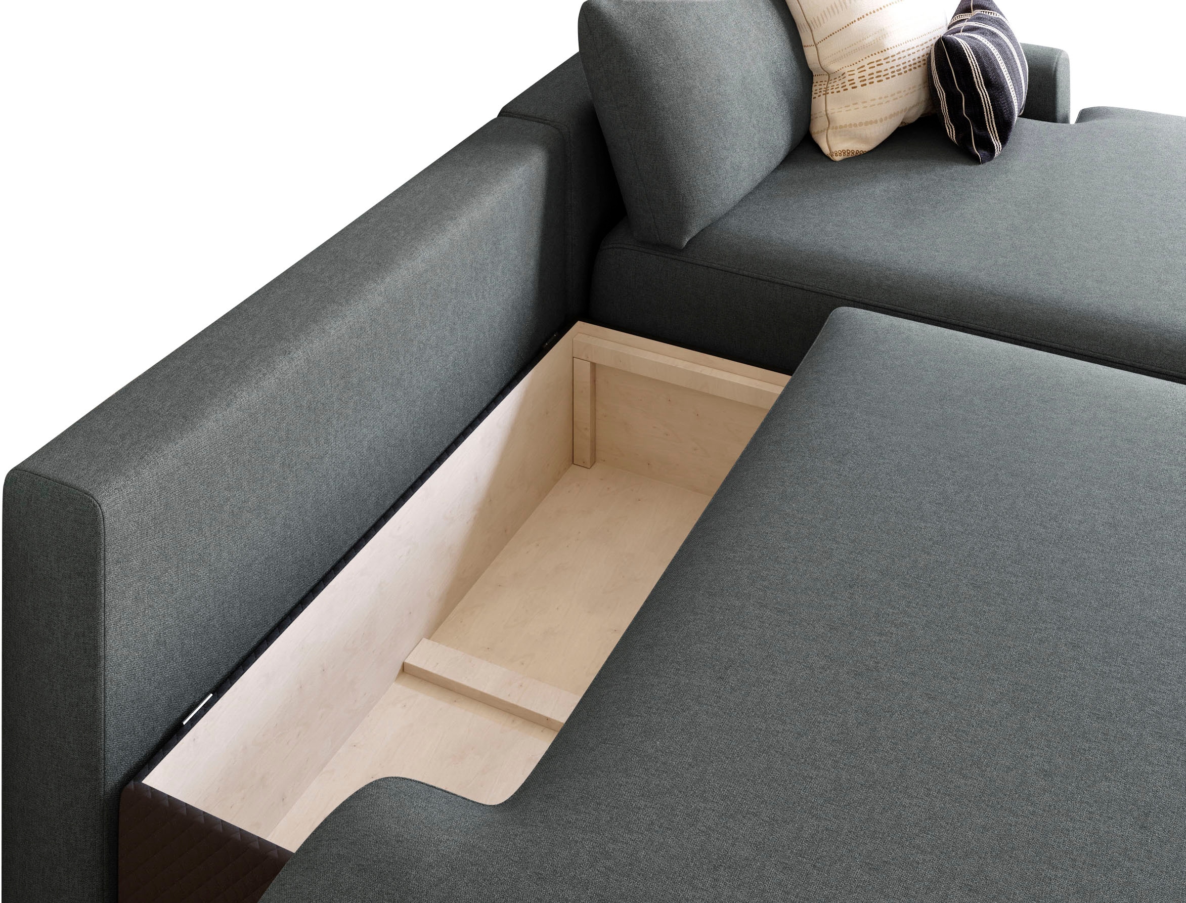 TRENDMANUFAKTUR Ecksofa »Prag, Schlafsofa mit Bettkasten, Couch in L-Form, Breite 253 cm« in feinem Strukturstoff, anthrazit, Recamiere rechts
