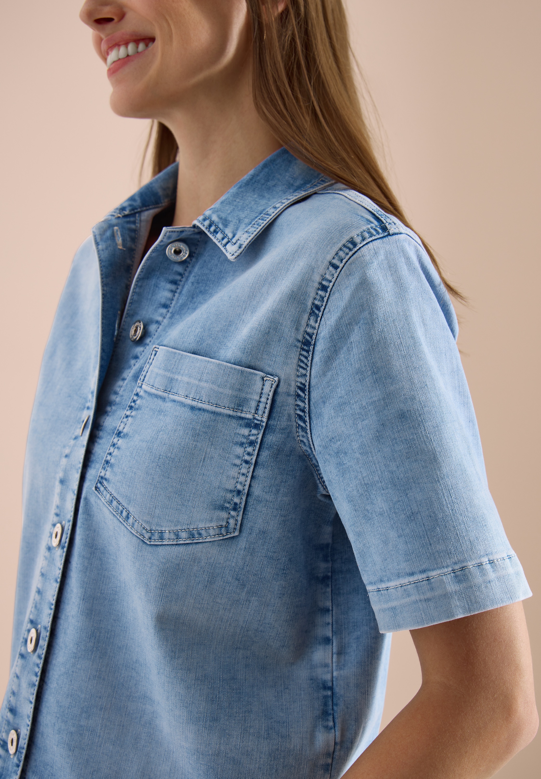 Cecil Jeansjacke ohne Kapuze Kurzarm Jeans-Overshirt mit Knopfleiste