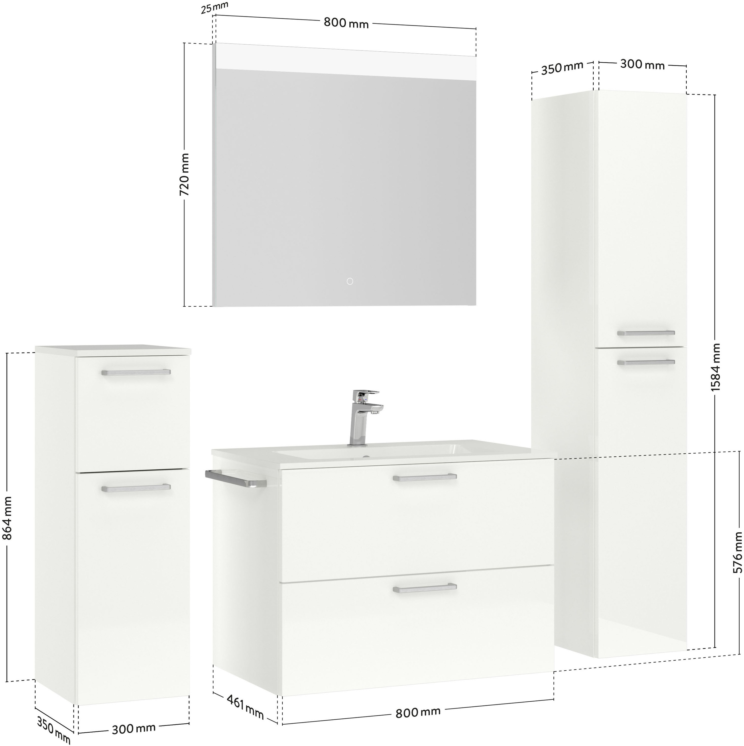 nobilia® Badmöbel-Set »Tolvina«, (4 St., vormontiert, mit Soft-Close), Hochglanz, inkl. Spiegel mit Touch-Sensor, in vier Breiten