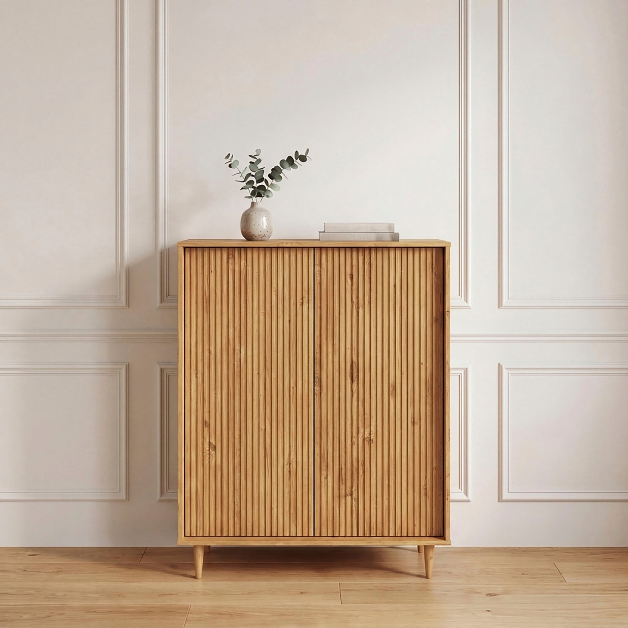 OTTO home Highboard »Malmedy Midischrank mit einer Lamellenoptik und Push to Open Funktion« massives Kiefernholz, Push-to-open Funktion, verstellbare Einlegeböden