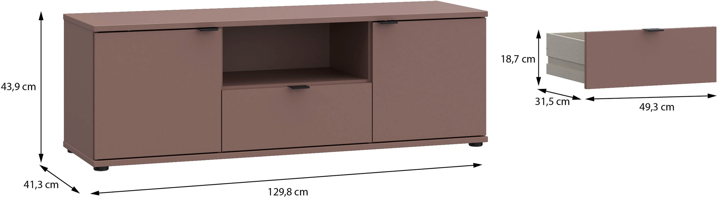 FORTE Lowboard »Ganymede«, (Breite 129,8cm), TV Board, Stauraum, Schublade; Metallgriffe, Kabelführung
