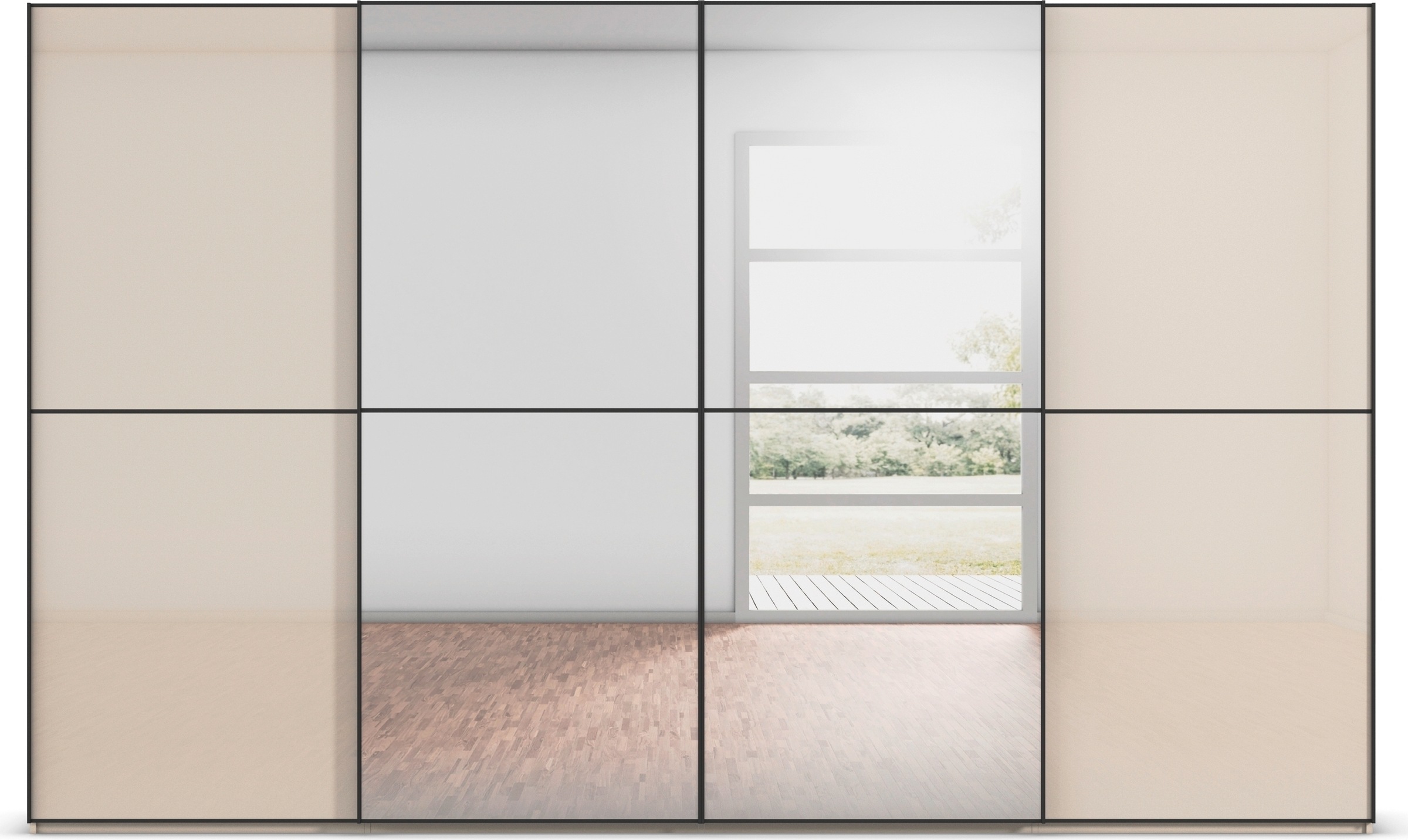 rauch Schwebetürenschrank »Kleiderschrank Schrank Garderobe Schlafzimmerschrank SCALE-DUO«, edle zweigeteilte Türen Spiegel/Glas-Mix 3 Zierleisten MADE IN GERMANY