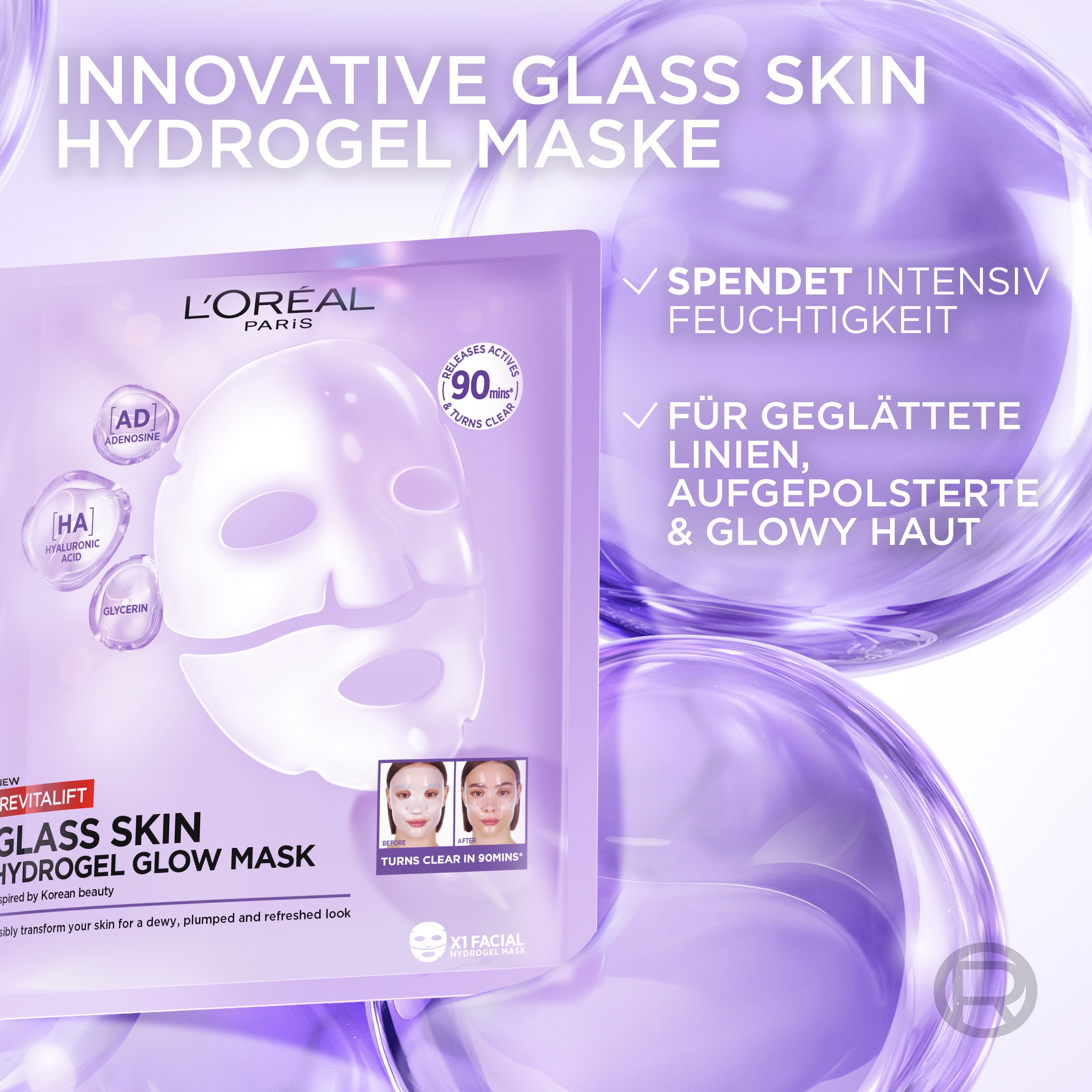 L'ORÉAL PARIS Gesichtsmaske »REVITALIFT GLASS SKIN HYDROGEL GLOW MASK« für aufgepolsterte & glowy Haut