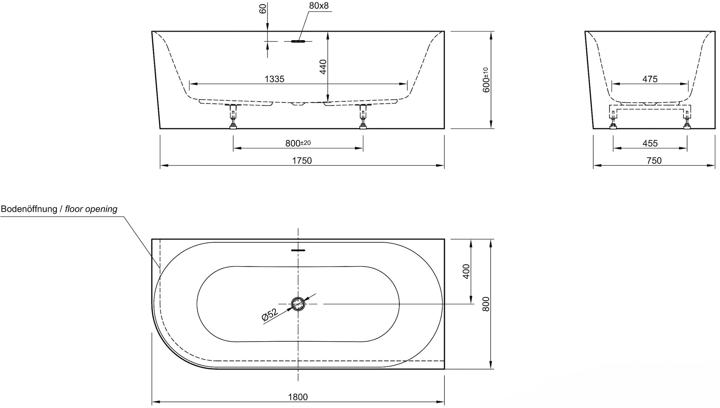 OTTOFOND Badewanne »Mince Corner links 180 cm weiß«, (1 tlg.), inkl. Ablaufgarnitur, Schlitzüberlauf, Fußgestell, schmale Wannenkante