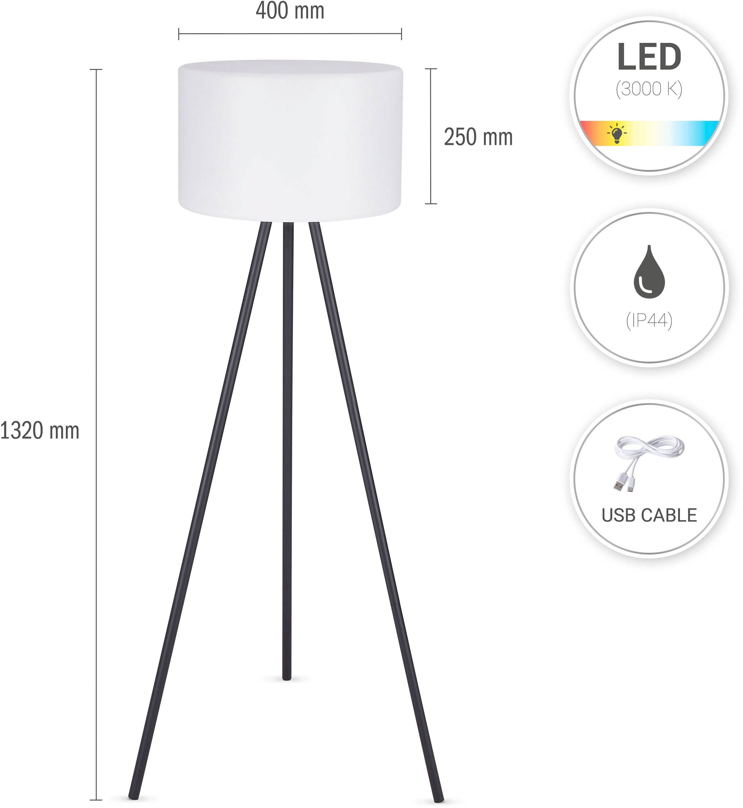 Paco Home Stehlampe »BRUCE«, LED In- Und Outdoor Garten Terrasse Aufladbar Akku Balkon Dreibein