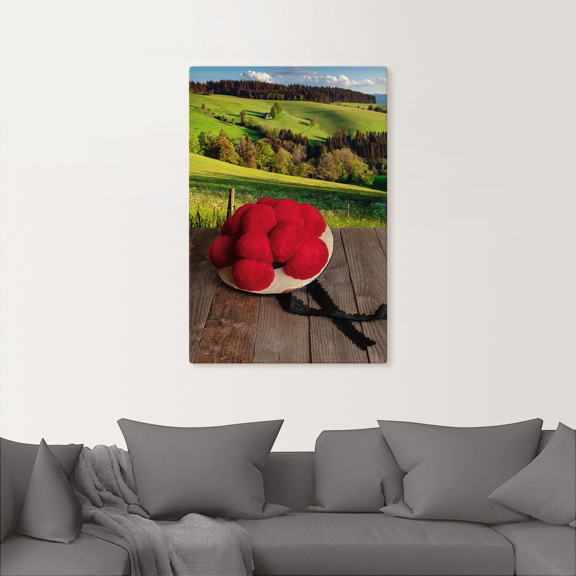 Artland Wandbild »Schwarzwälder Bollenhut auf Holztisch«, Wiesen & Baumbilder, (1 St.), als Alubild, Outdoorbild, Leinwandbild in verschied. Größen