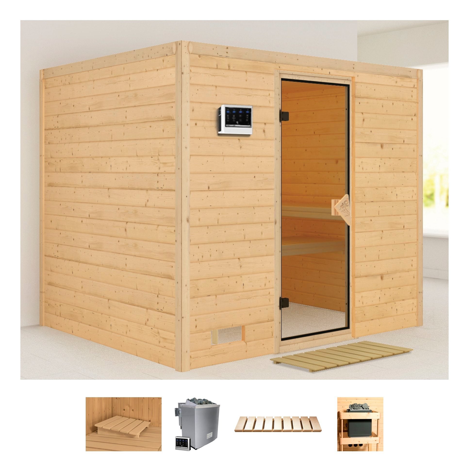 Karibu Sauna „Soraja“, (Set), 9-kW-Bio-Ofen mit externer Steuerung naturbelassen
