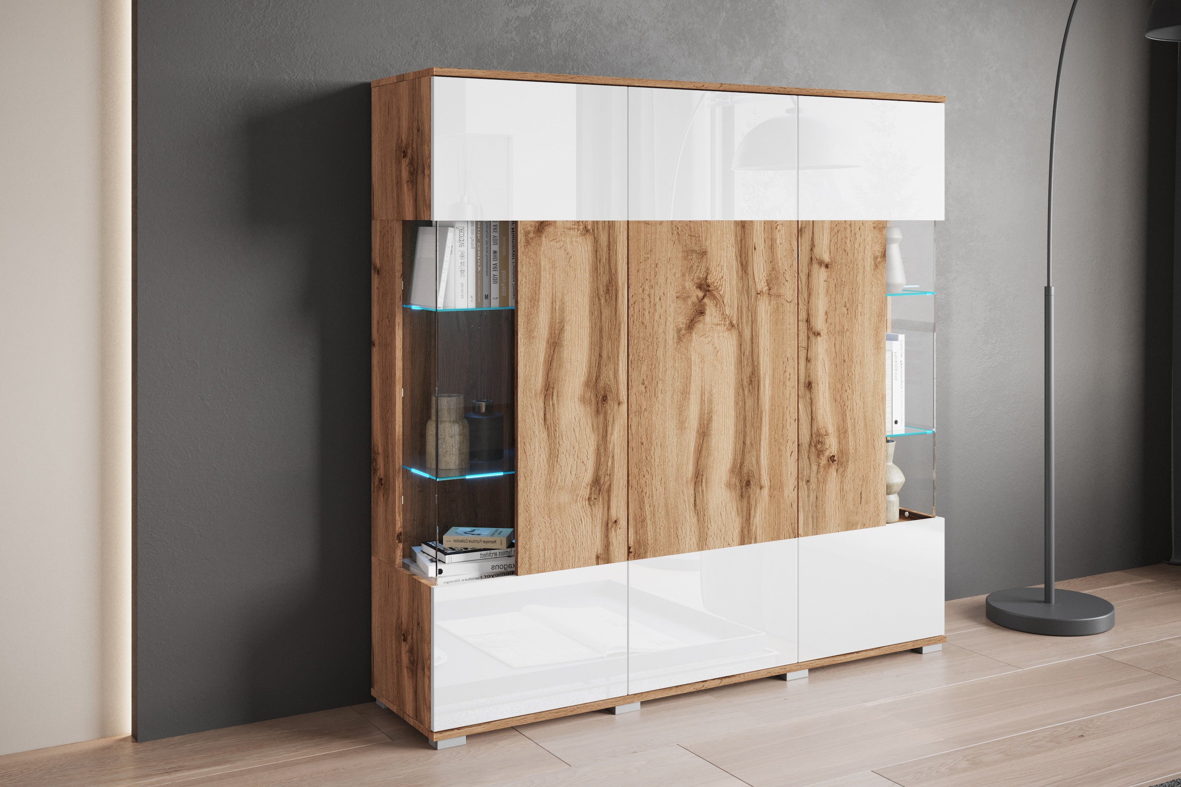 INOSIGN Highboard »Kenia«, Modernes Highboard, mit Glastüren, Breite 135 cm