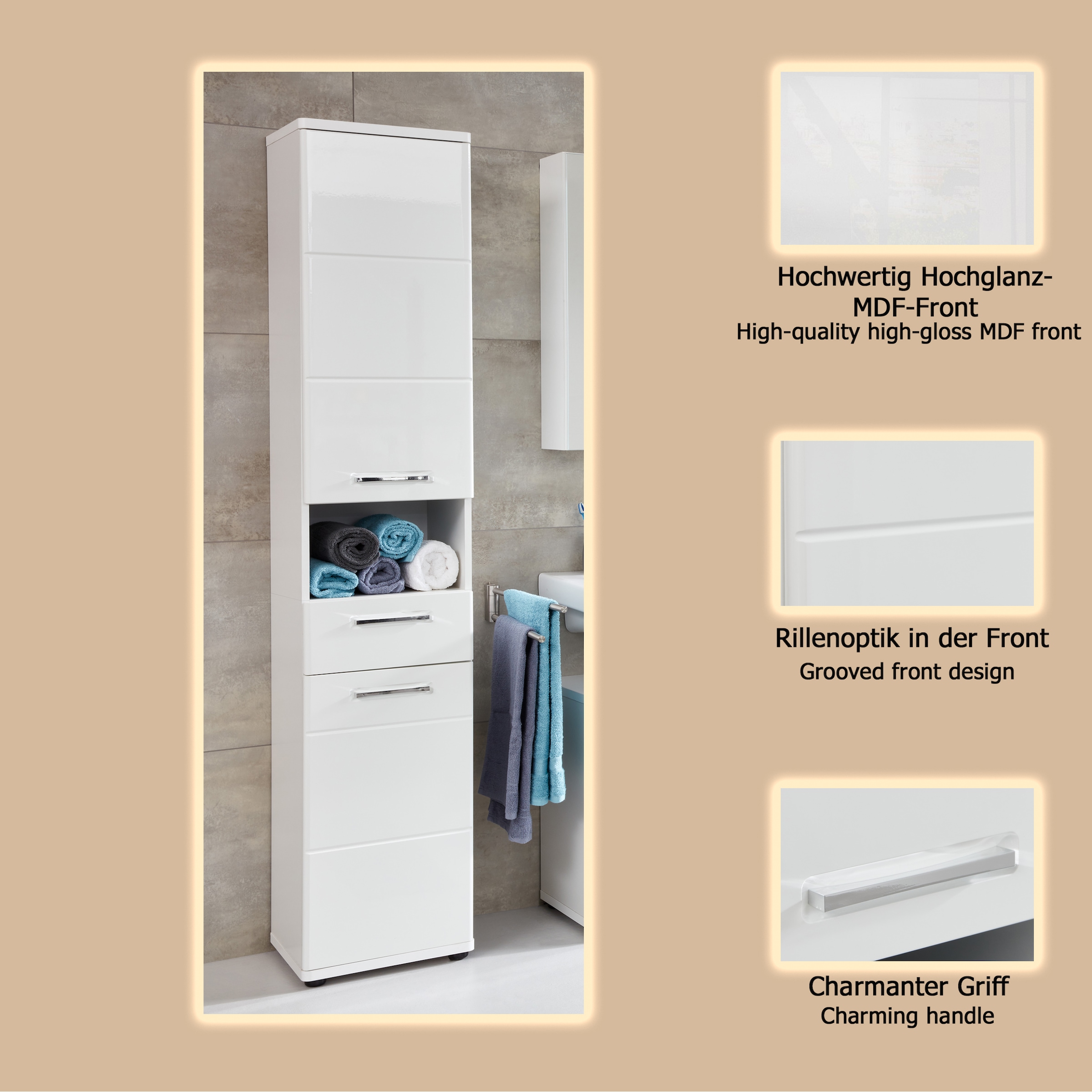 welltime Hochschrank »Mora«, Hochschrank mit 2 Türen, 1 Schublade - (B/T/H) 37/34/189 cm