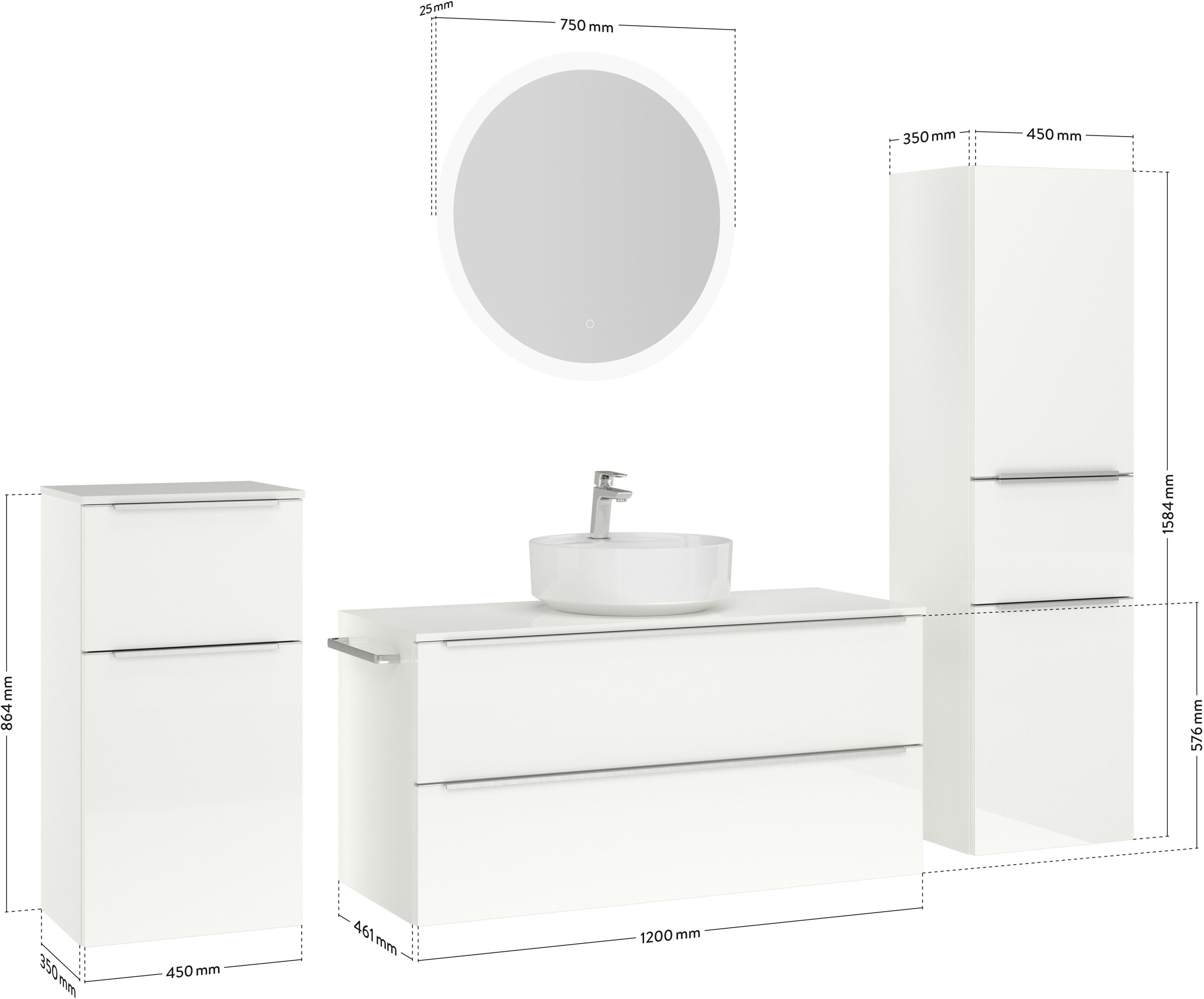 nobilia® Badmöbel-Set »Alvene«, (4 St., vormontiert, mit Soft-Close), Hochglanz, inkl. Spiegel mit Touch-Sensor, in vier Breiten