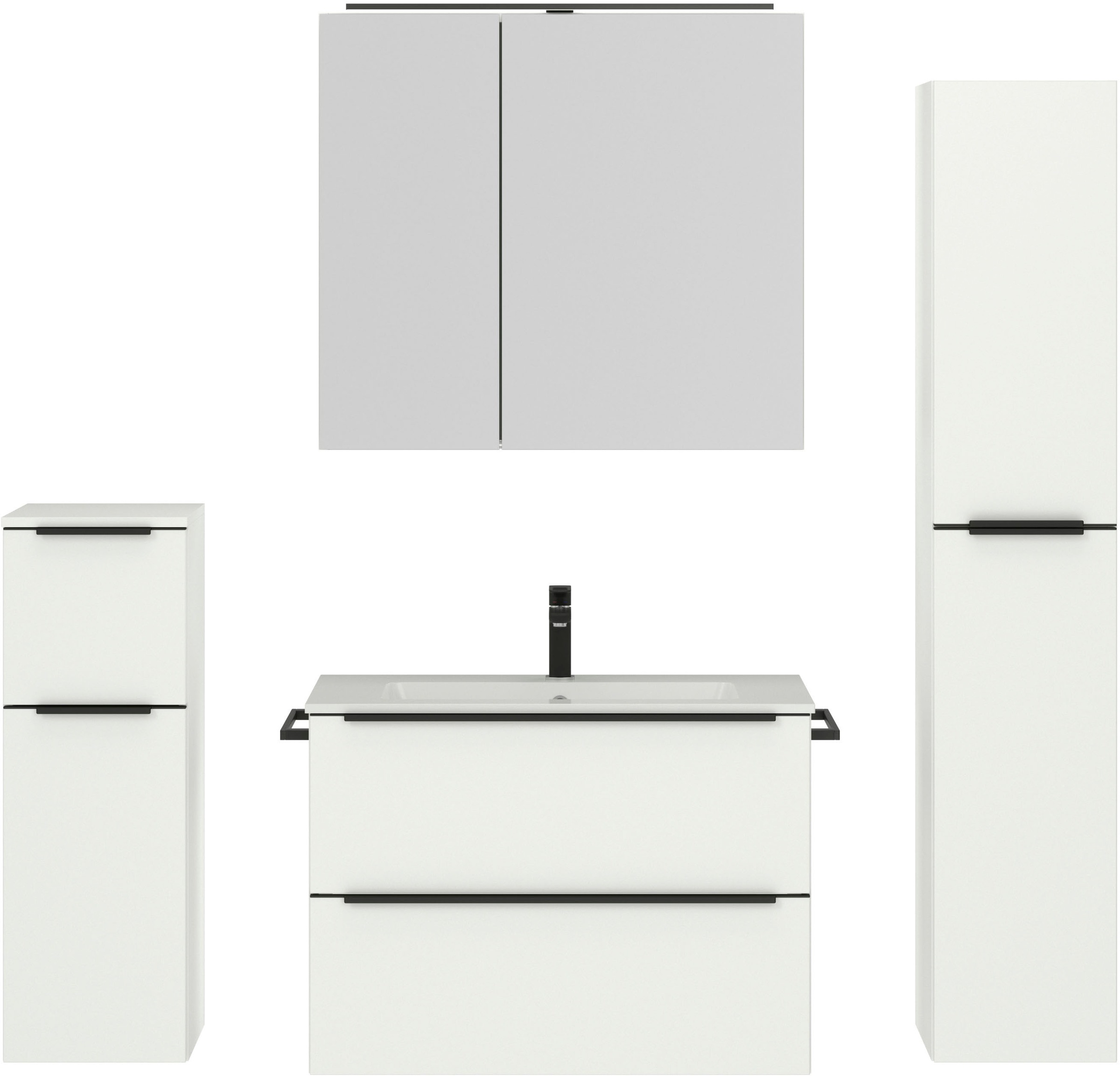 nobilia® Badmöbel-Set »Levere«, (4 St., vormontiert, mit Soft-Close), inkl. Spiegelschrank mit Beleuchtung und Dimmerfunktion, in 4 Breiten
