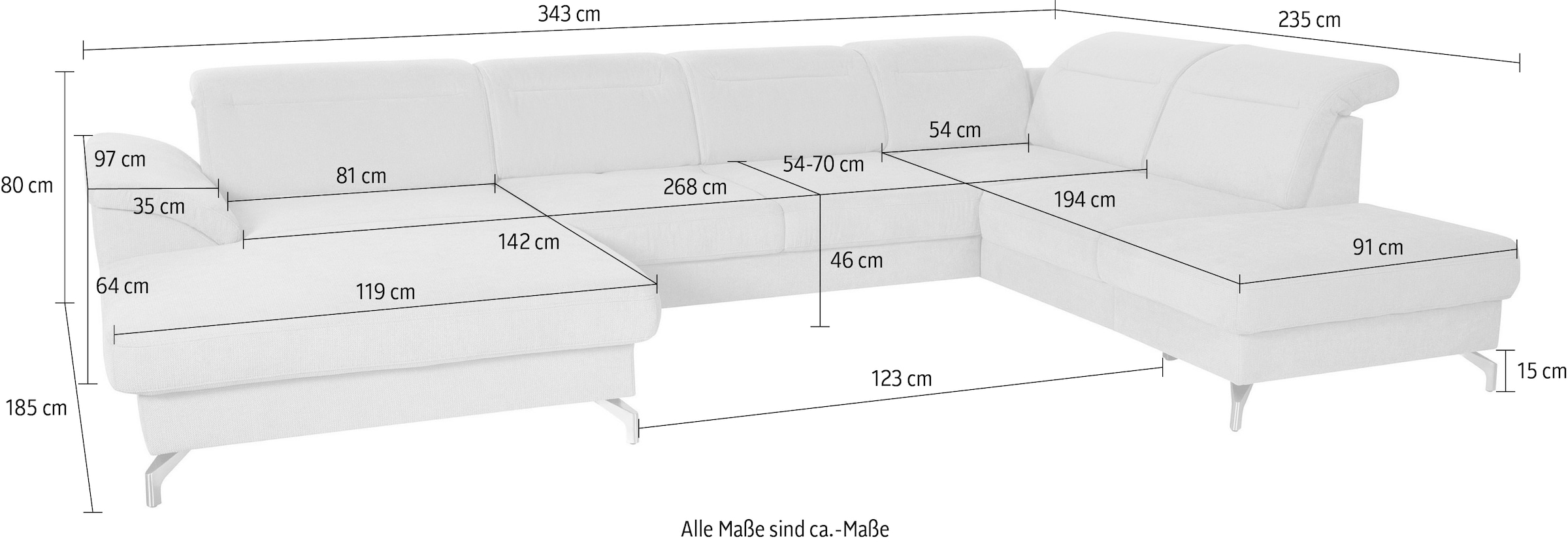 sit&more Wohnlandschaft »Percy U-Form«, 12 cm Fußhöhe, Sitztiefenverstellung, wahlweise in 2 Fußfarben