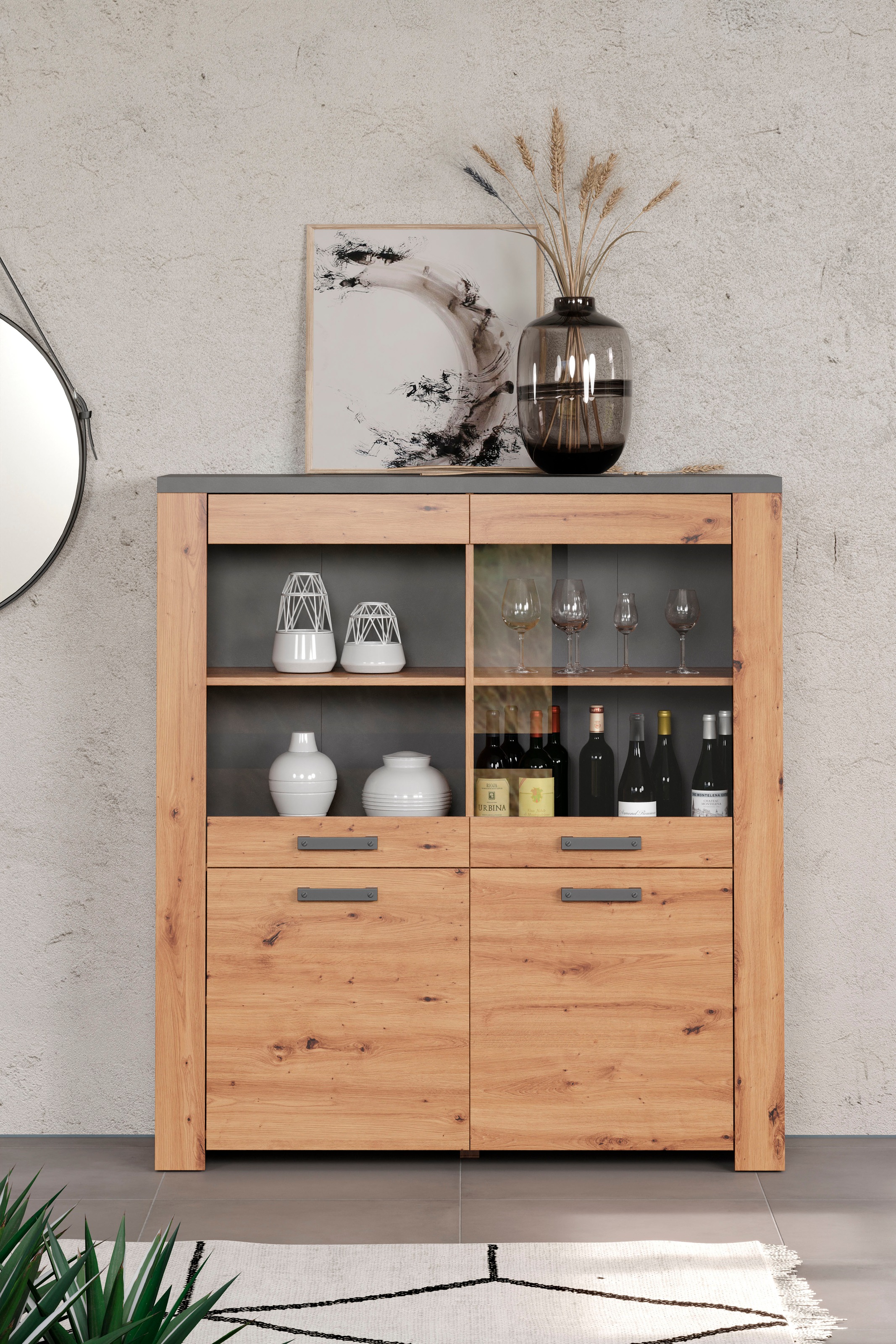 Home affaire Highboard »Ambres«, (1 St.), Vitrine, Echtholzoptik, ca. Maße BxH: 127x139 cm
