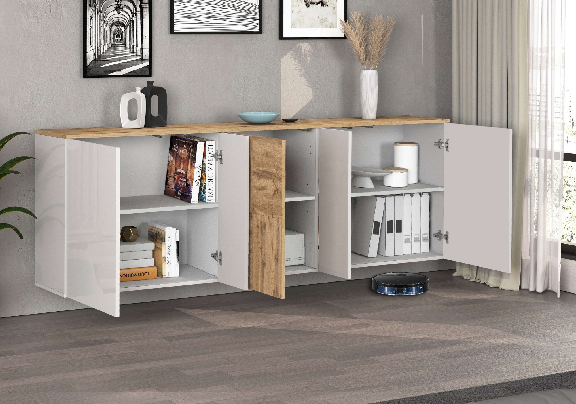 INOSIGN Sideboard »Sideboard ISEO, Kommode, Schrank, Kredenz« 1 Stk. tlg. stehend/hängend, 5 Türen HG lackiert, 6 Fächer, B 200 cm