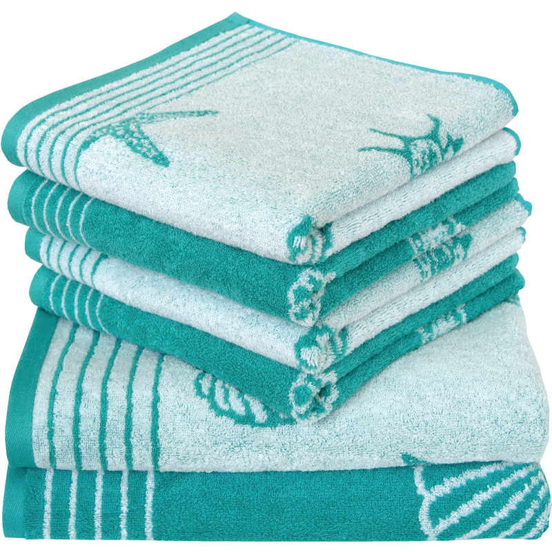 DYCKHOFF Handtuch Set »Seashell« Set 6 Stk. Walkfrottee mit Muschelmuster; 4 Handtücher (50x100cm), 2 Duschtücher (70x140cm) türkis Obermaterial:...