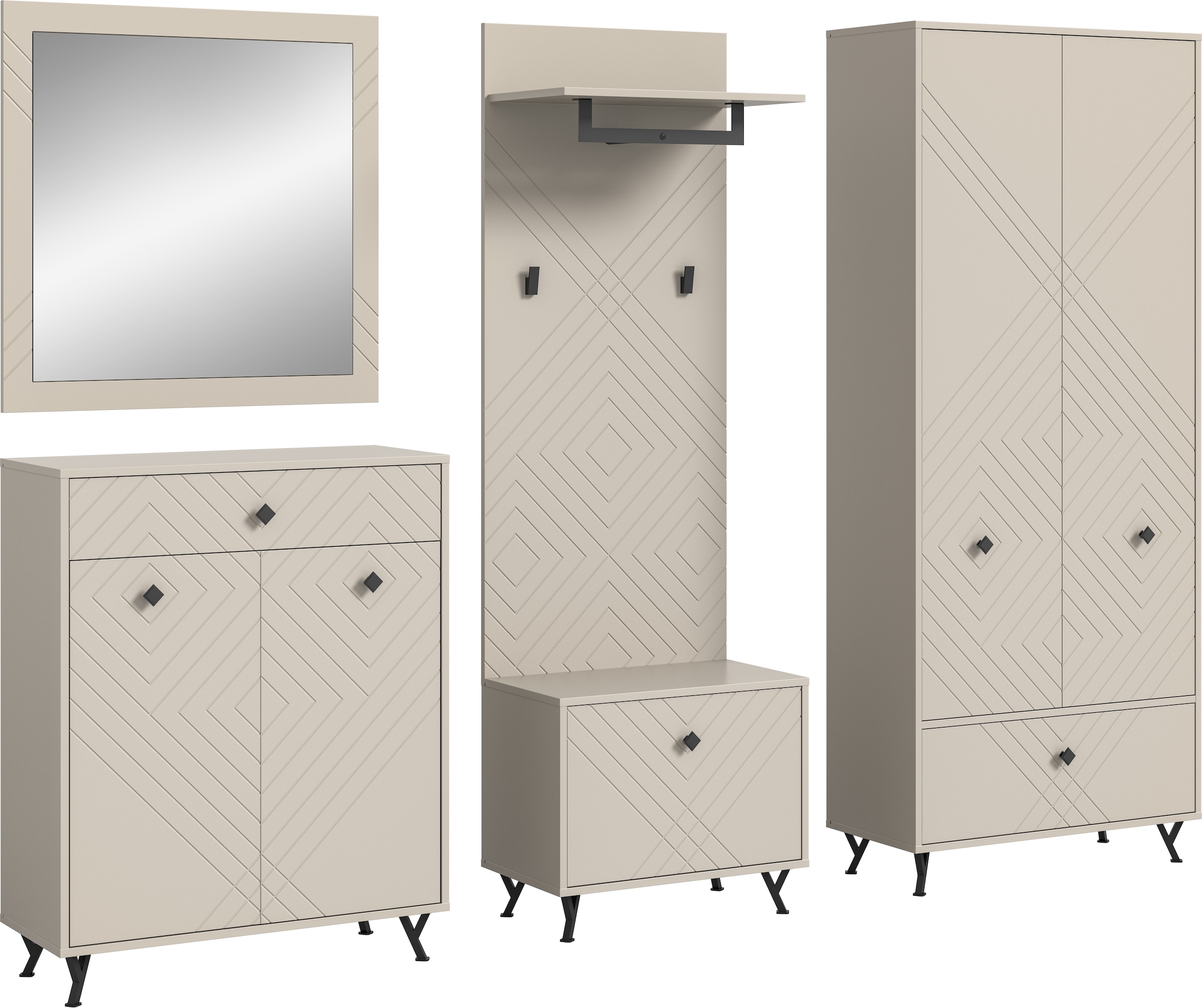 INOSIGN Garderoben-Set »Mento, 5-teilig, Ornamentfräsung in der Front, bestehend aus:«, (Set, 5 St.), Schuhkommode, Spiegel, Sitzbank, Garderobenpaneel, Garderobenschrank
