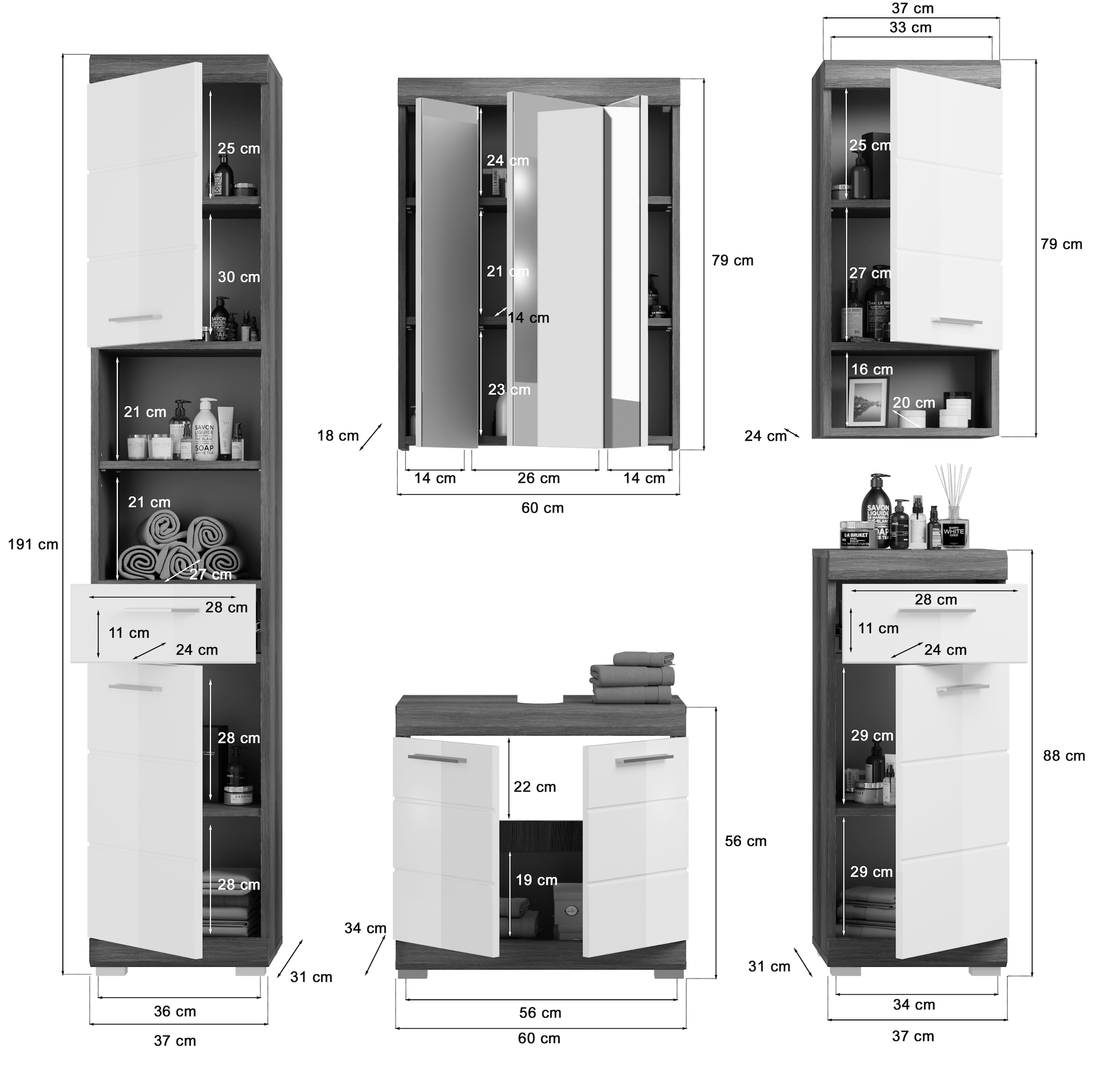 INOSIGN Badmöbel-Set »Siena, 5 teilig, bestehend aus:«, (Set, 5 St.), Hochschrank, WBU, Spiegelschrank, Unterschrank, Hängeschrank