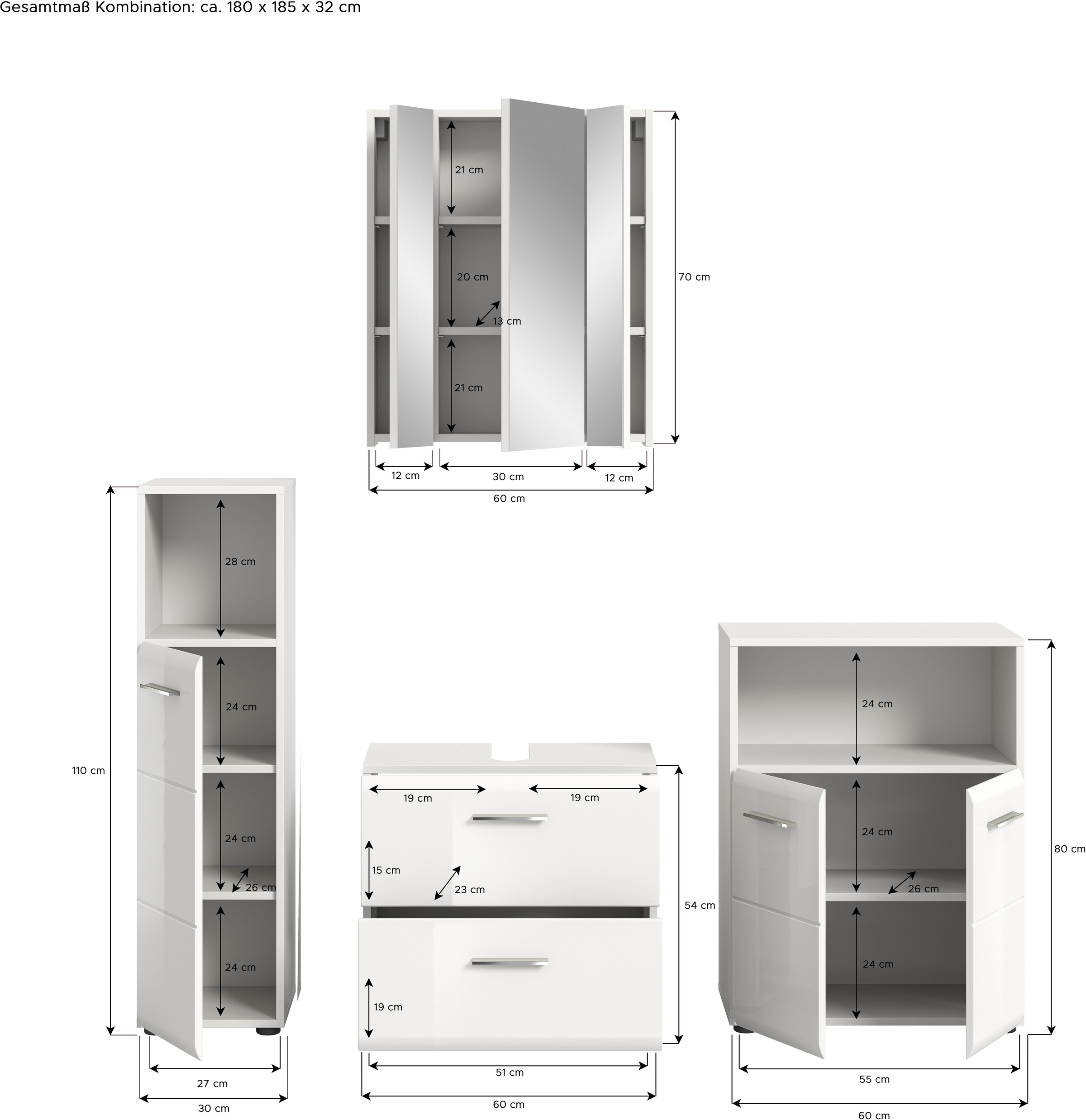 INOSIGN Badmöbel-Set »FLORENZ, TOPSELLER!, 4-teilige Badkombination, hochwertige MDF-Front«, (Midischrank hoch, WBU, Spiegelschrank, Midischrank breit), Bad-Kombination, Bad-Möbel, Badezimmer, Kombination, Kombi