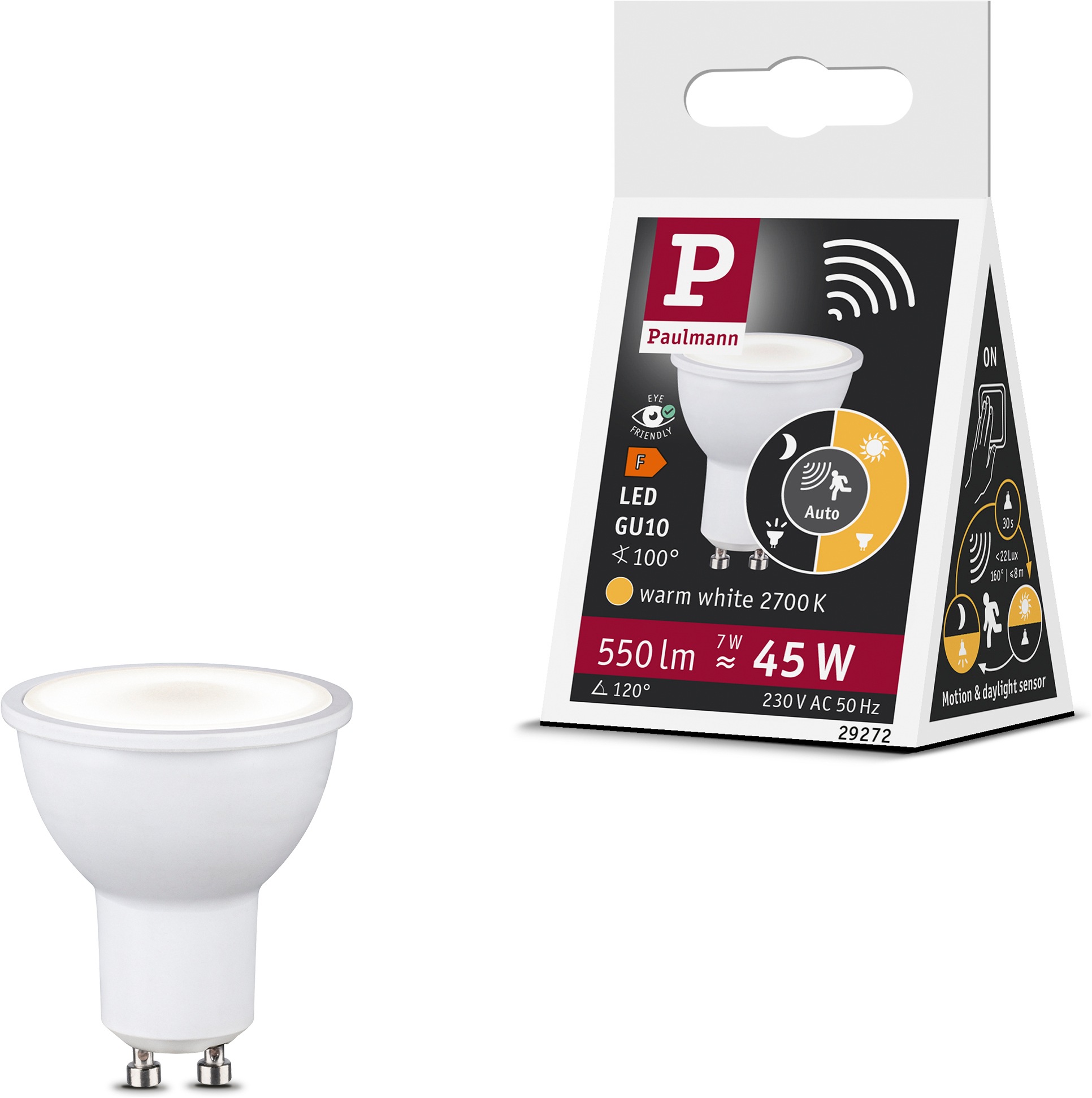 Paulmann Spezialleuchtmittel »Twilight Motion Sensor 550lm 2700K 100° 7W white matt RAL 9003 230V« GU10 1 Stk. Warmweiß Dämmerungsgesteuerter Bewegungsmelder (HF)