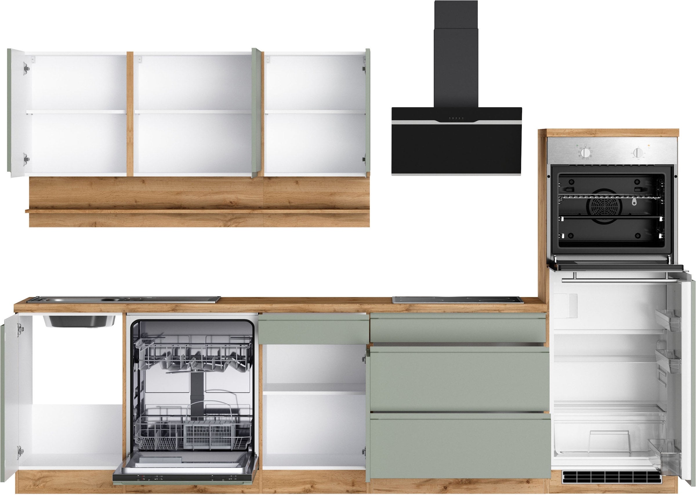 KOCHSTATION Küchenzeile »KS-Virginia,neu in verbesserter Ausführung« Arbeitsplatte 38 mm stark, Stauraum, Softclose,  Breite 300 cm, Soft-Close, ohne E-Geräte