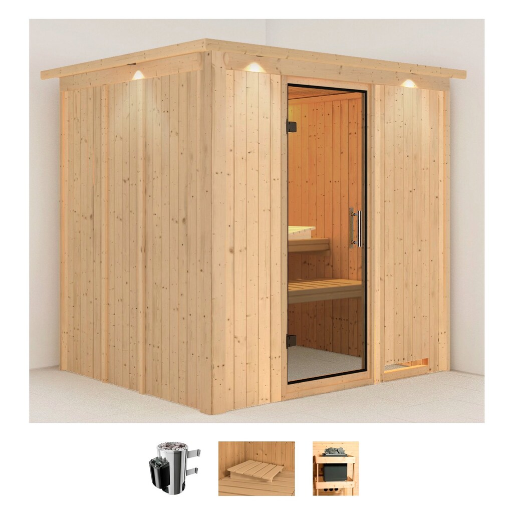 Karibu Sauna »Dima«, (Set), 3,6-kW-Plug & Play Ofen mit integrierter Steuerung