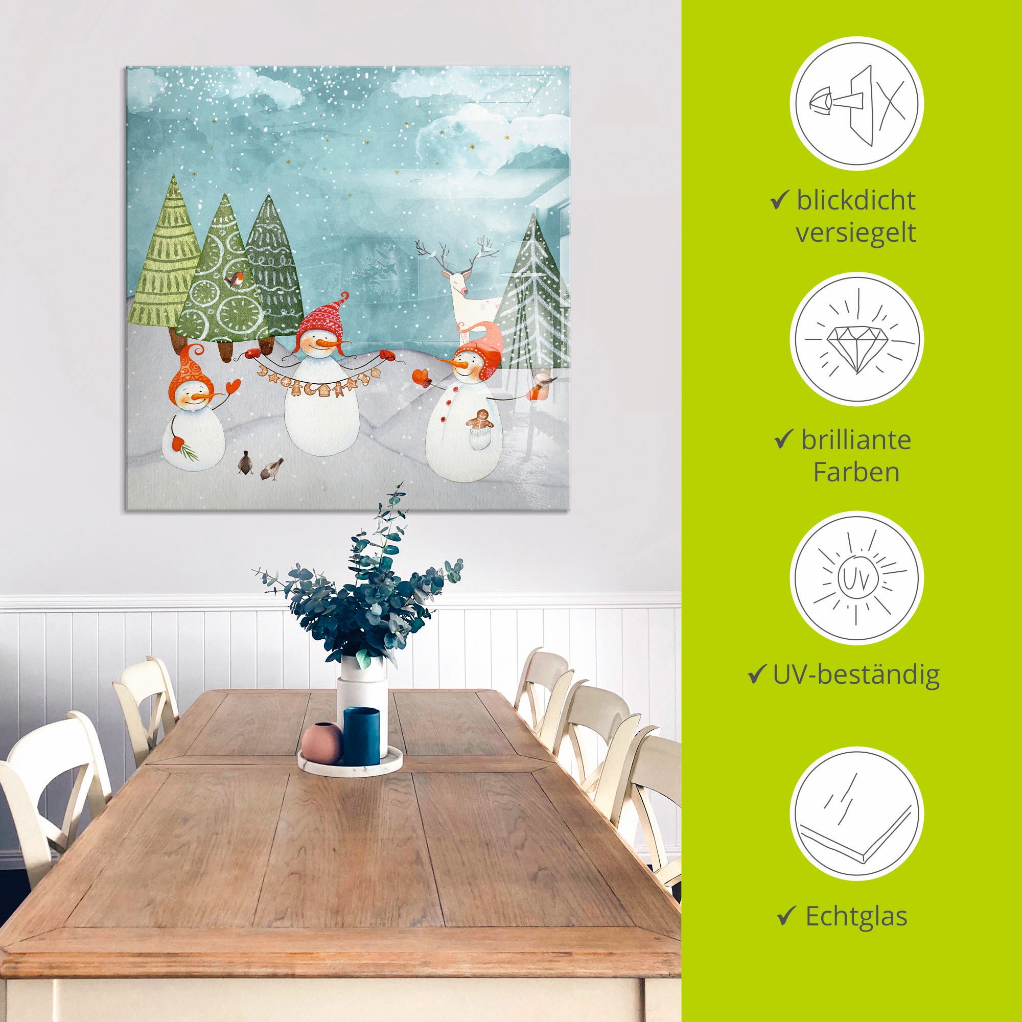 Artland Glasbild »Schneemänner und Tierfreunde«, Weihnachten, (1 St.), in verschiedenen Größen