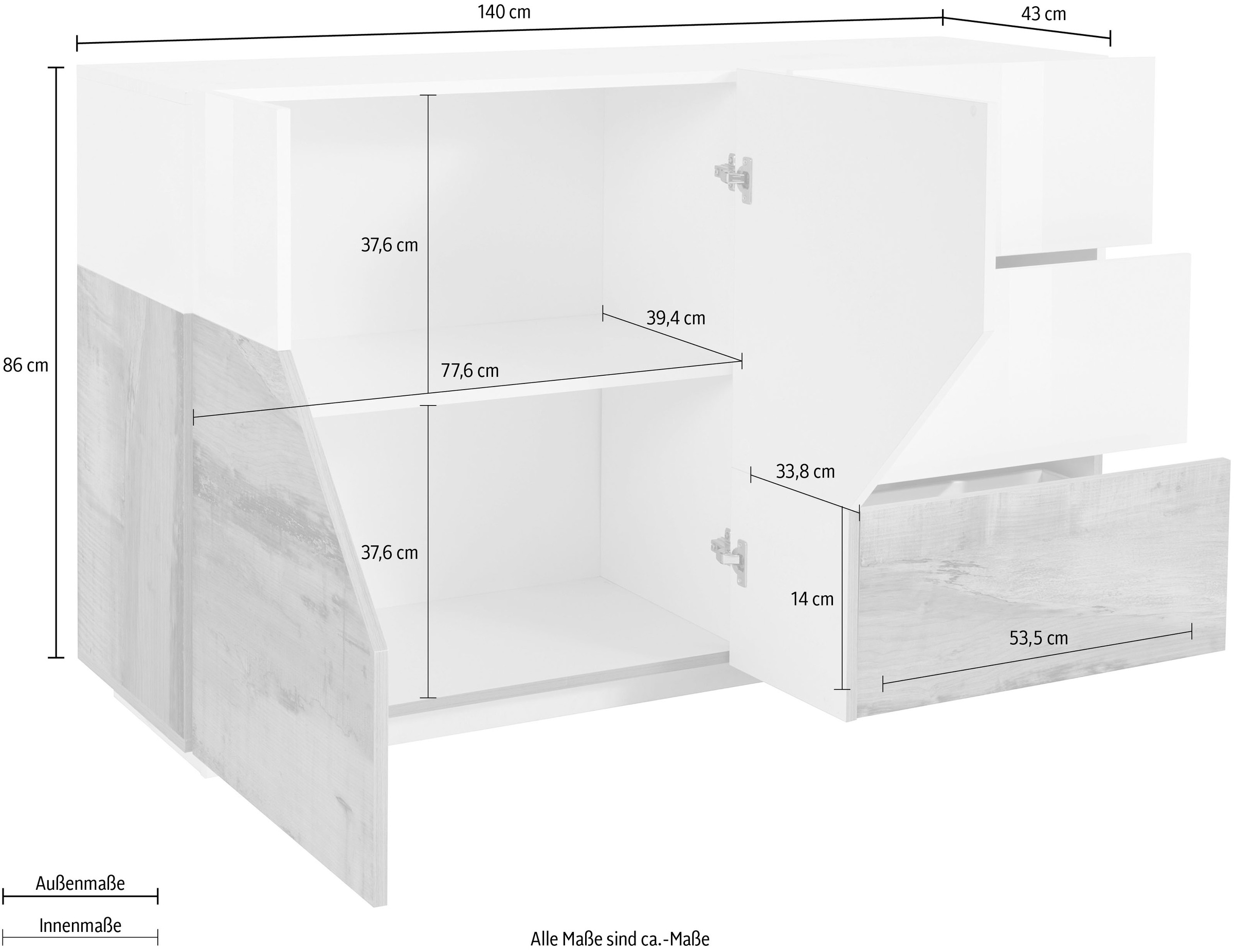 INOSIGN Sideboard »ALIEN-Kommode, Schrank, Anrichte mit 2 Türen und 3 Schubkästen«, Sideboard Breite ca. 140 cm "100 % Made in Italy"