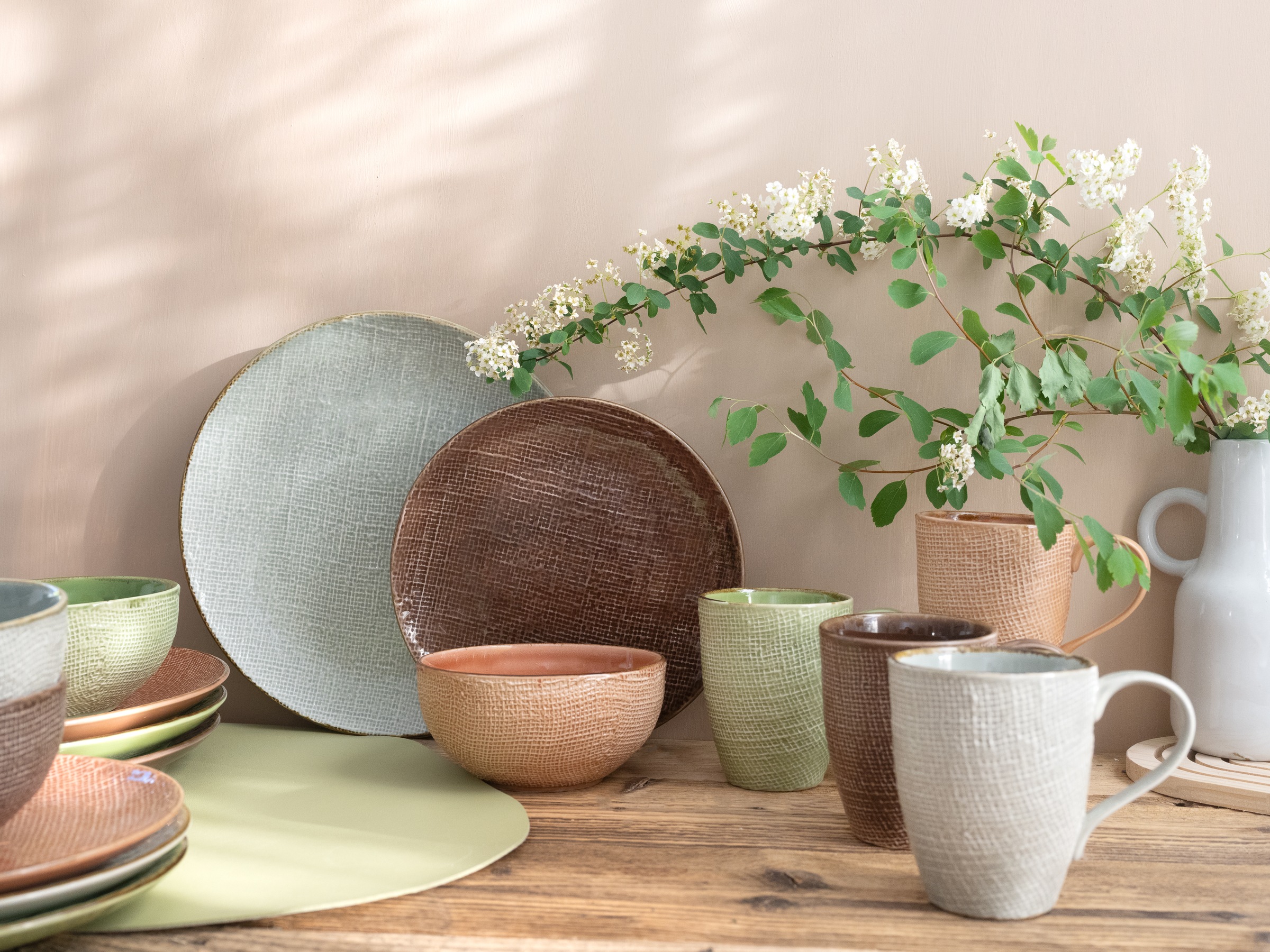 CreaTable Kombiservice »Geschirr-Set Canvas«, (Set, 16 tlg., Kaffeeservice und Tafelservice im Set, für 4 Personen), Service, Leinenstruktur, mediterrane Farben, 16 Teile, für 4 Personen