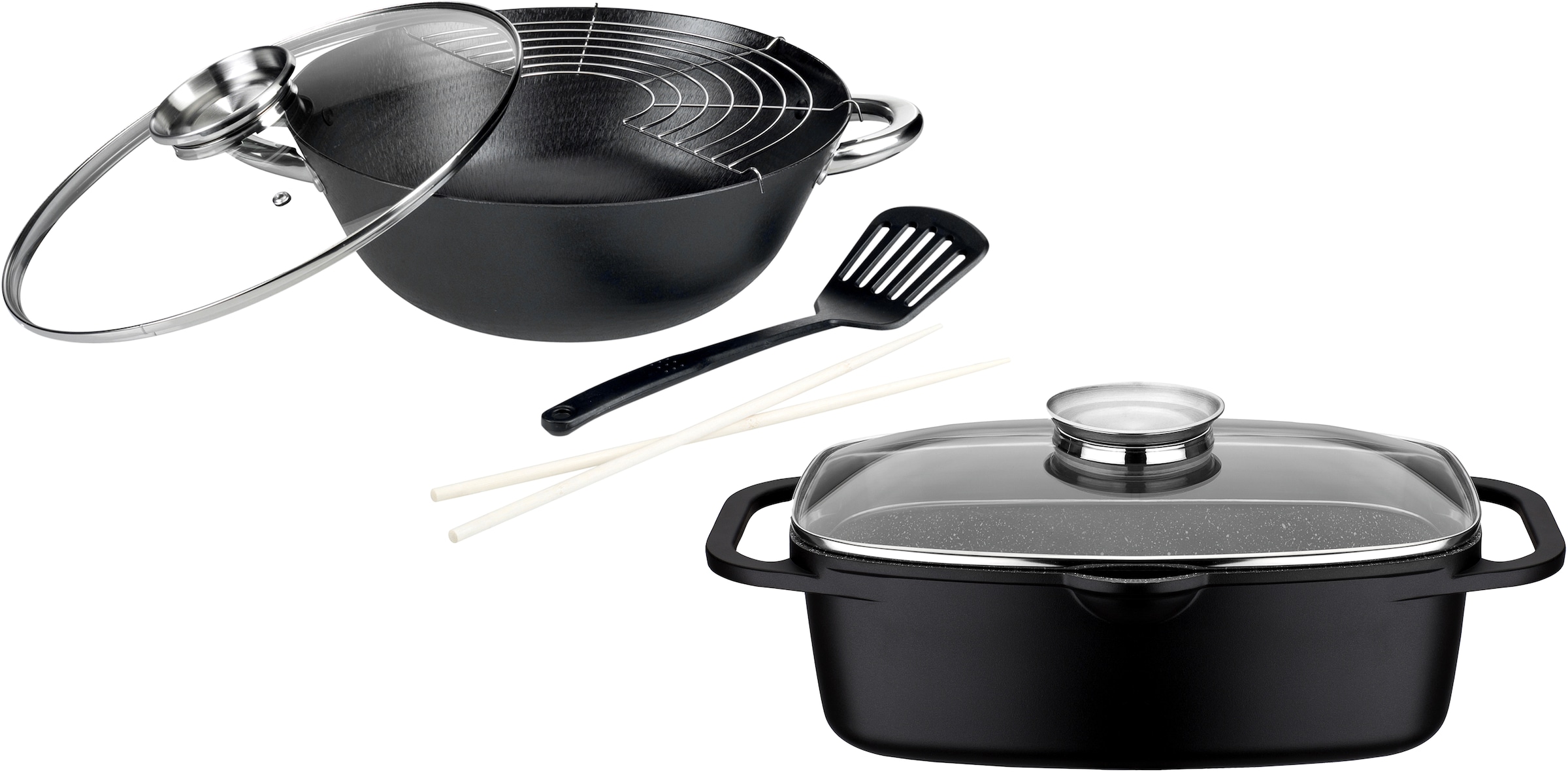 GSW Topf-Set »Gourmet Granit« Set, 1 Bräter 32cm, 1 Wok Ø32cm, mit Deckel, günstig online kaufen