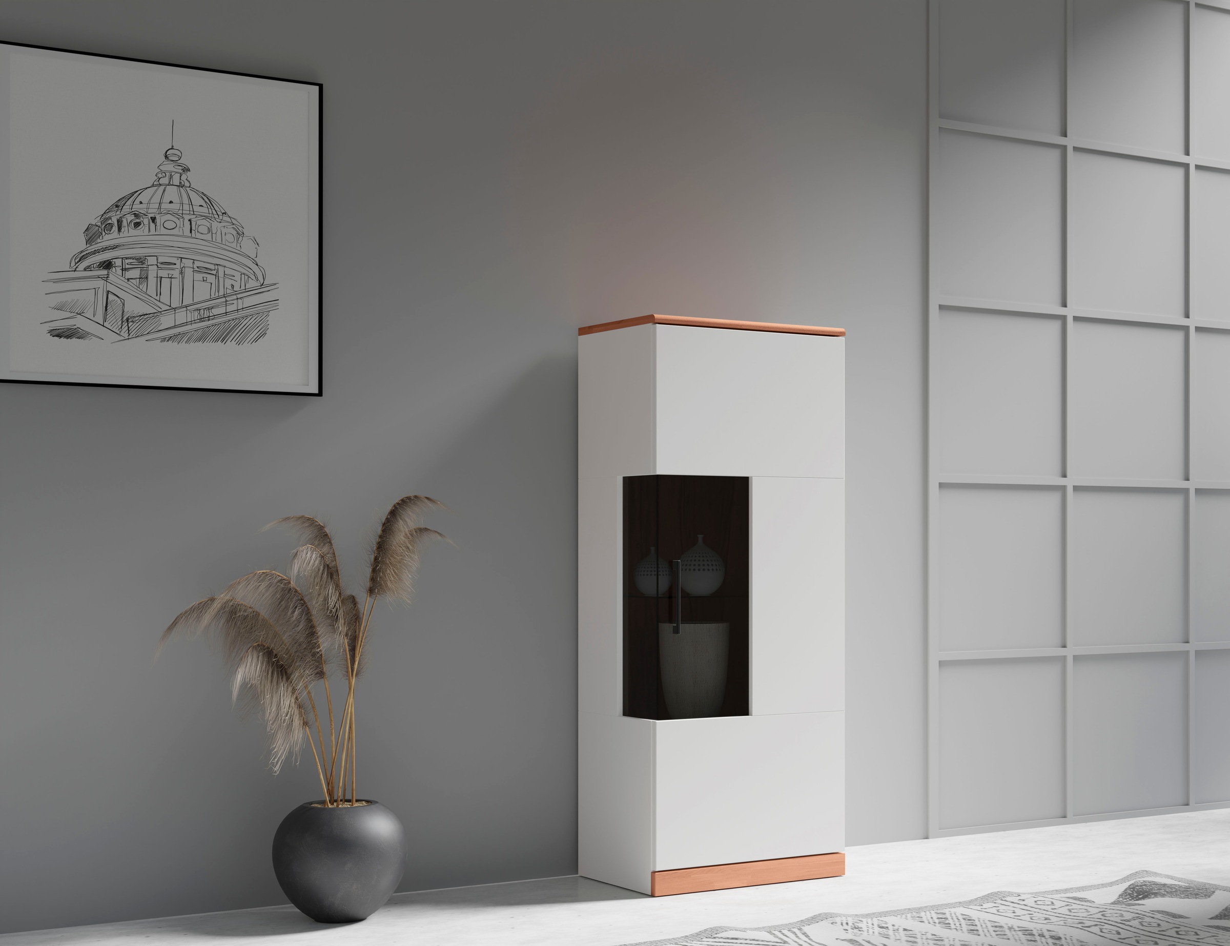 Home affaire Vitrine »Ribe,125cm hoch,4 Fächer,1Glasboden variabel einsetzbar«, Oberplatte Kernbuche massiv,dunkles Glas, schwarze Metall Griffe