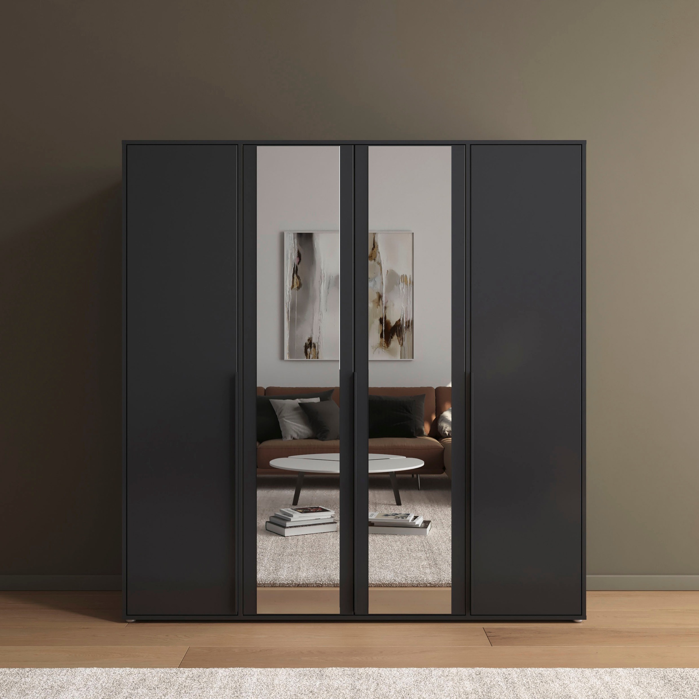 rauch Drehtürenschrank »Kleiderschrank Schrank Garderobe Wäscheschrank NAGATA mit Spiegel«, (in 3 verschiedenen Ausstattungen BASIC/CLASSIC/PREMIUM), und modernen Stangengriffen in Graumetallic TOPSELLER MADE IN GERMANY