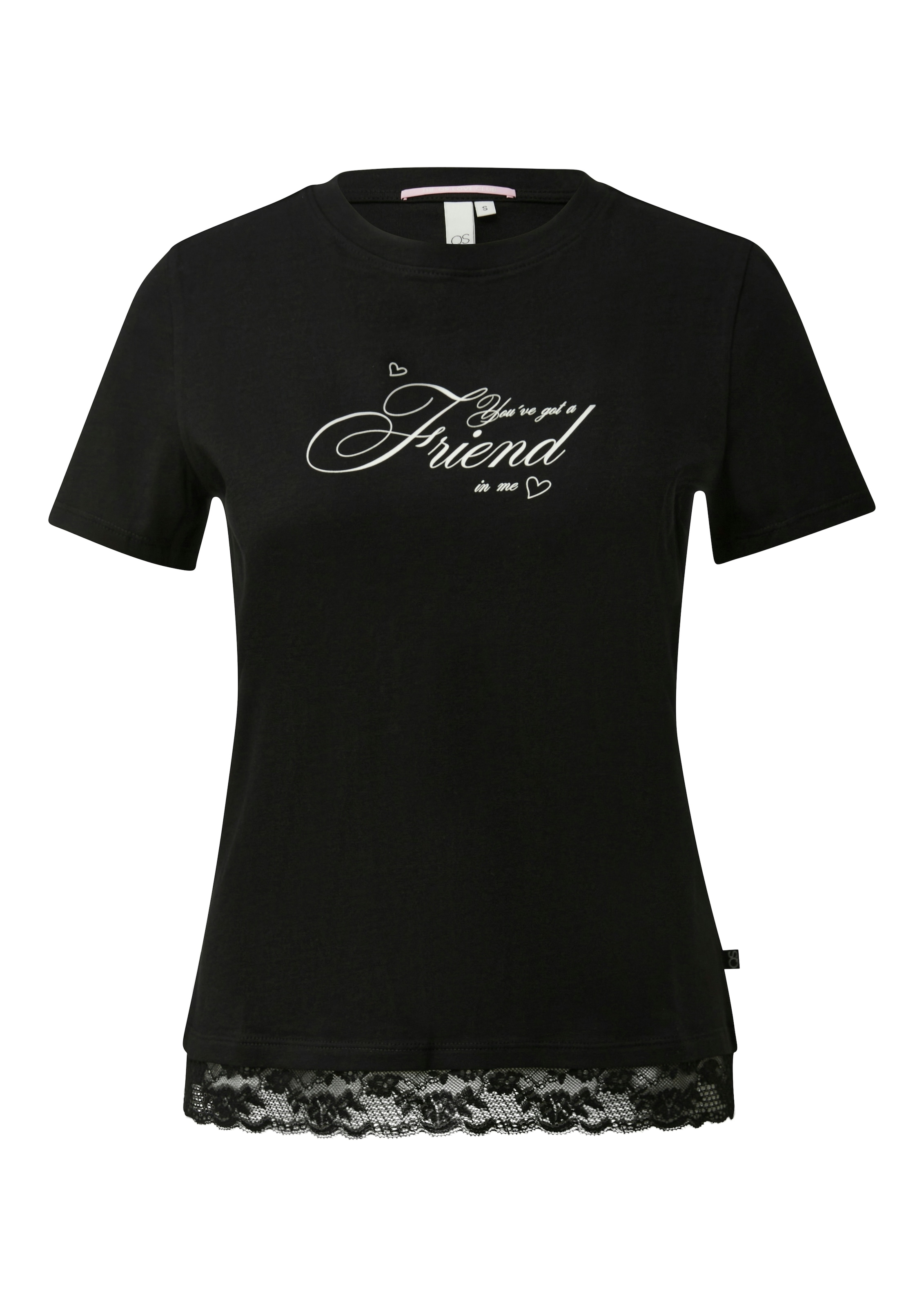 QS Rundhalsshirt mit Letter-Print und Spitze am Saum